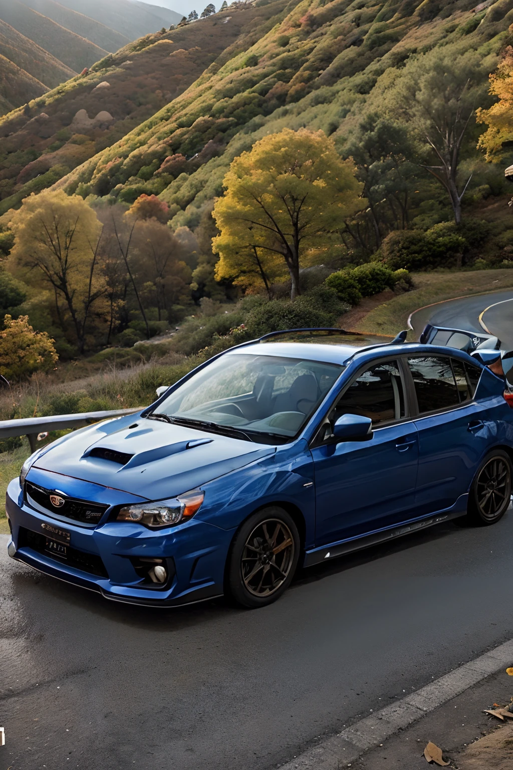 A Subaru blue Subaru Impreza STI drifts around the hairpin curve of a mountain pass while the surrounding area is colored with autumn leaves. ((Subaru Impreza's British American Tobacco sponsor sticker is attached to the car body)),