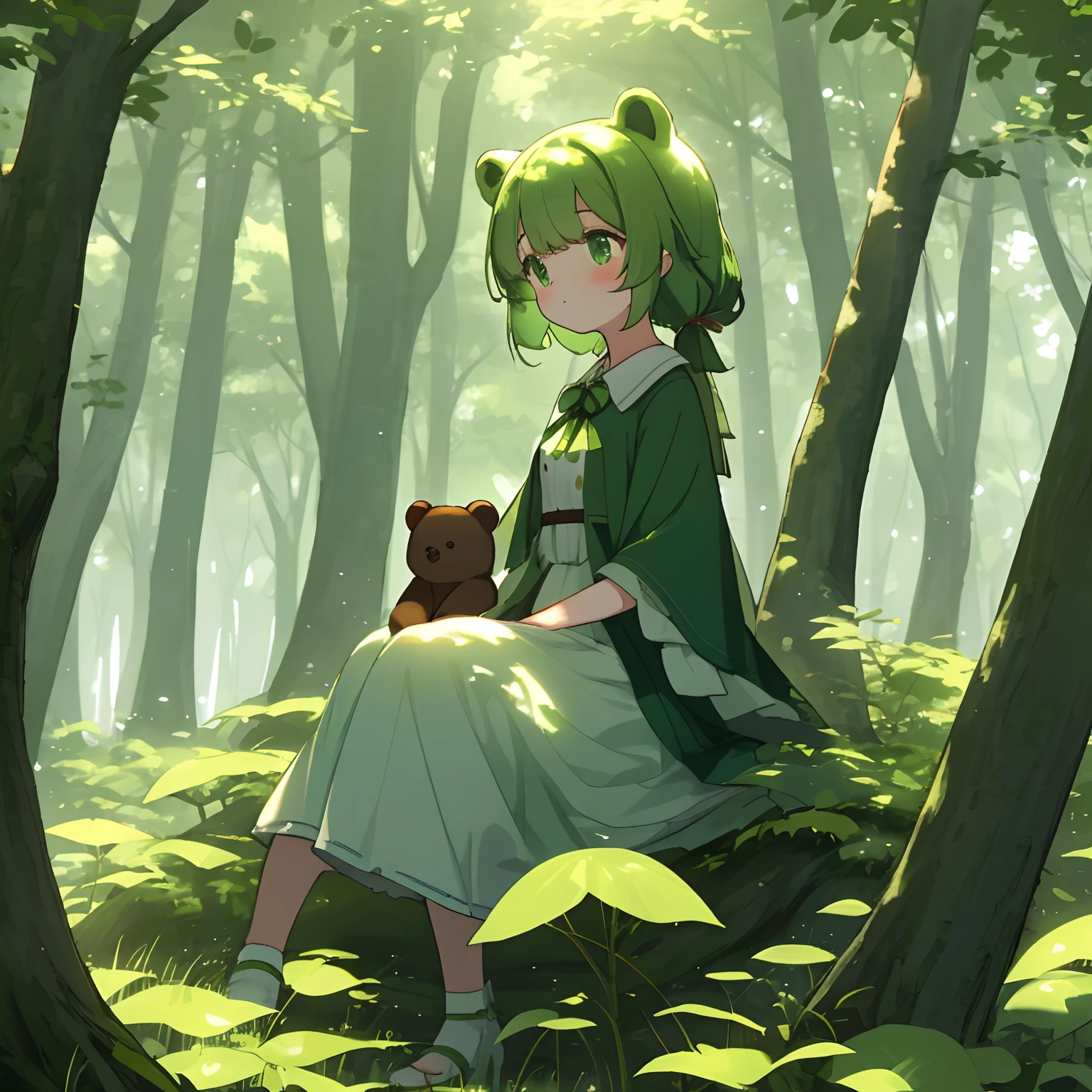 A girl with a sweet and cute appearance,Enter a mysterious green forest,Sit in harmony with a green-eyed bear under a tree
