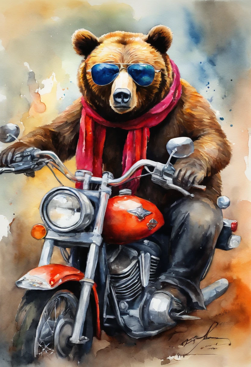 bear, red scarf, Black sunglasses, Sinister smile, He's sitting on a Harley Davidson motorcycle, (Vivid colors: 1.5)
