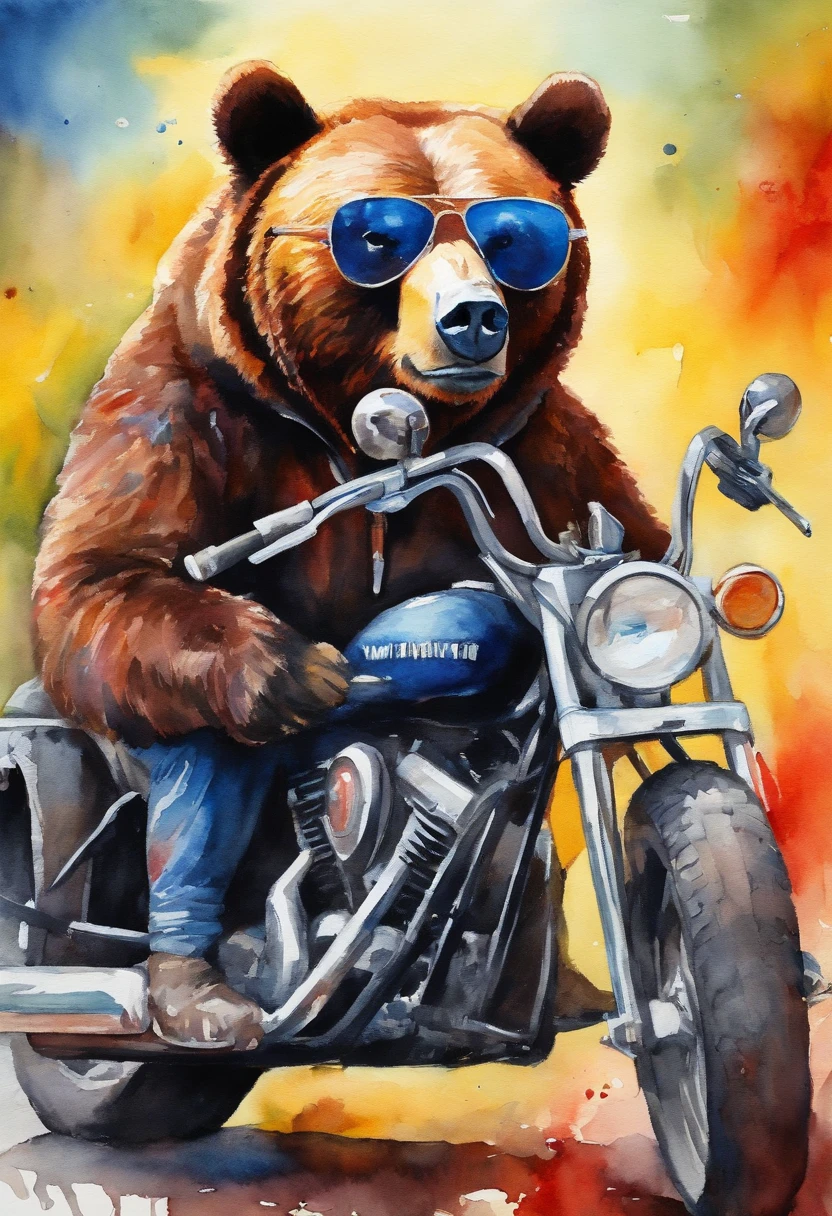 bear, red scarf, Black sunglasses, Sinister smile, He's sitting on a Harley Davidson motorcycle, (Vivid colors: 1.5)
