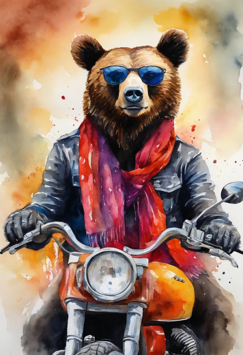 bear, red scarf, Black sunglasses, Sinister smile, He's sitting on a Harley Davidson motorcycle, (Vivid colors: 1.5)