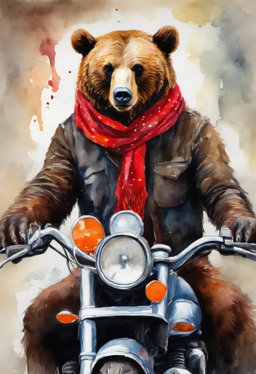 bear, red scarf, Black sunglasses, Sinister smile, He's sitting on a Harley Davidson motorcycle, (Vivid colors: 1.5)