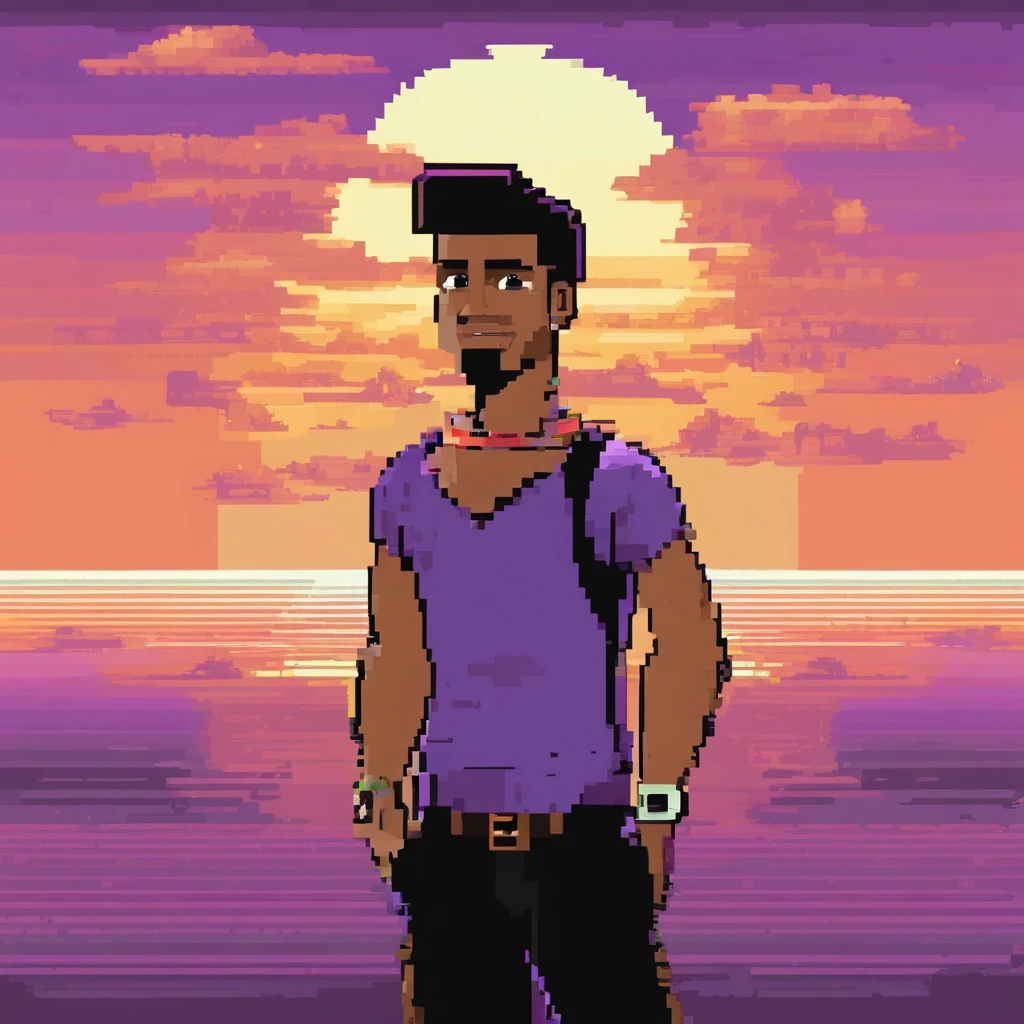 masterpiece, best quality, movie still, 1men, light brown skin, black eyes, muscular body, short black hair, purple polo, black full pant, holding a cup of coffee, floating in the sky, close-up, bright, happy, bright morning, beautiful sunrise, (sparks:0.7)