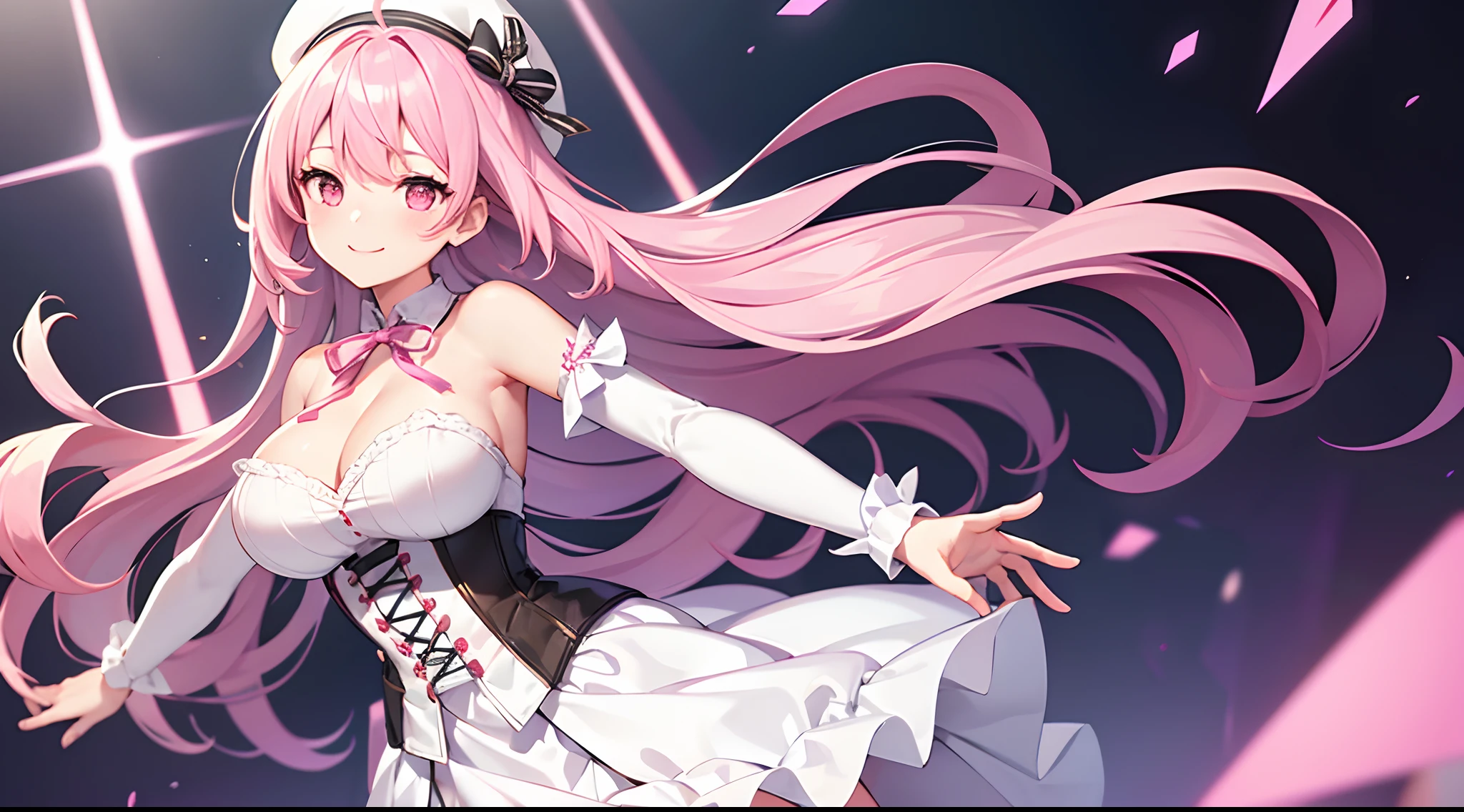 1 girl, game CG, white dress, cleavage visible, shoulders visible, corset, white short skirt, white jacket, neck ribbon, white beret, gigantic breasts, pink hair, long hair, straight hair, ahoge, pink eyes, outstretched arms, smile,