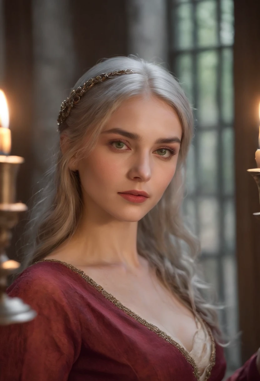 A crimson wound streaked across her left cheek, Pale complexion, A age woman, Natural gray hair, Unique green eyes, wearing tight underwear, Slender and graceful figure, beautiful bare feet, Candlelight in a medieval setting, Ultra-detailed, realistic lens, Medieval women's clothing, Four colors (scarlet:1.4)