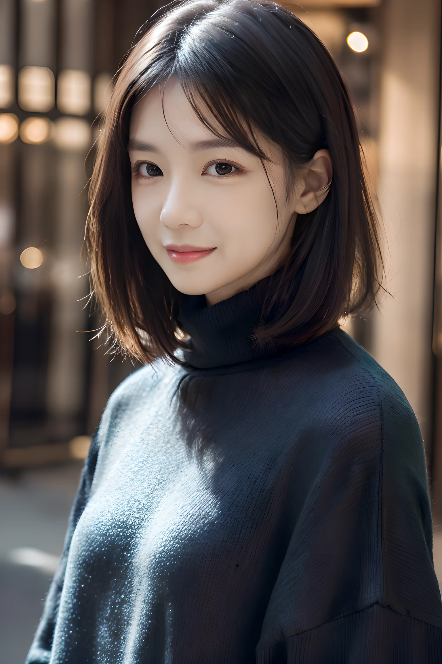 , long windblown [blue-black:.3] hair,looking at viewer, (masterpiece:1.3), (8k, photorealistic, RAW photo, best quality: 1.4), japanese, (1girl), beautiful face, (realistic face), (black hair, short hair:1.3), beautiful hairstyle, realistic eyes, beautiful detailed eyes, (realistic skin), beautiful skin, attractive, ultra high res, ultra realistic, highly detailed, golden ratio, blue fluffy loose turtleneck sweater, shorts,