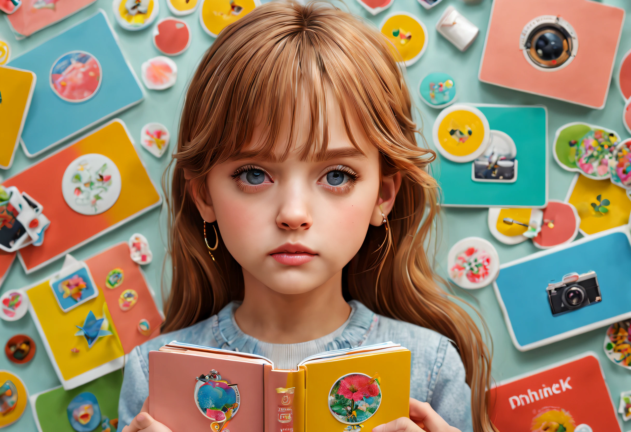 (best quality, 4k, 8k, high resolution, masterpiece: 1.2), ultra detailed, (realistic, photorealistic, photorealistic: 1.37)portrait of a girl with a sticker collection book, colorful illustrations, detailed stickers, vibrant colors, soft pastel tones, natural lighting, high resolution, whimsical atmosphere.
