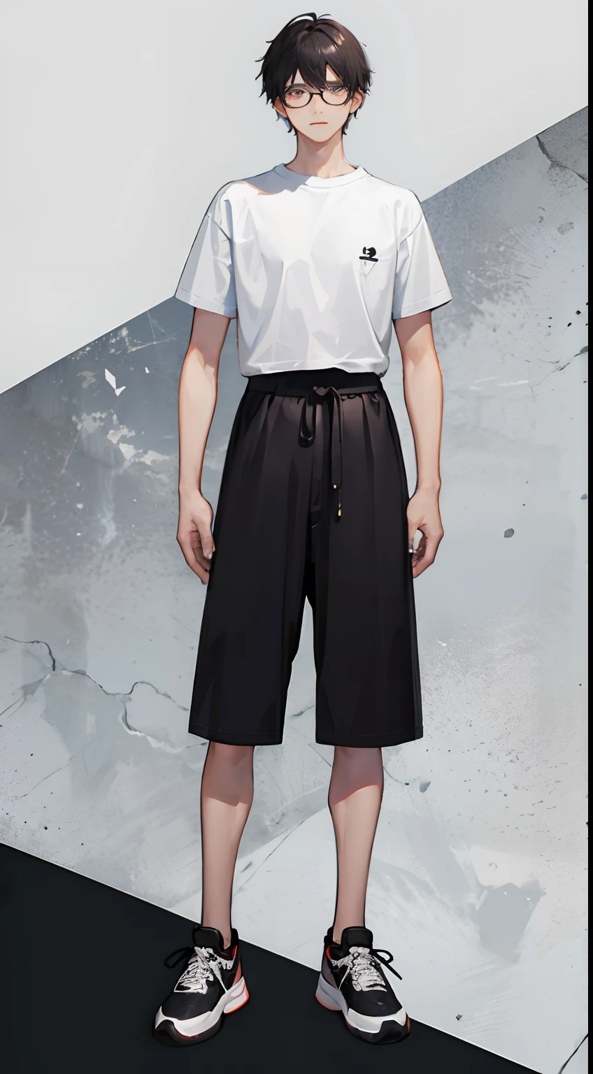 full body, the character is in the center of the frame, standing, longuette, male, 20 years old, kunder-rim eyewear, black short sleeve t-shirt, sneakers, no background, ultra detailed, best quality, detailed and intricate,
