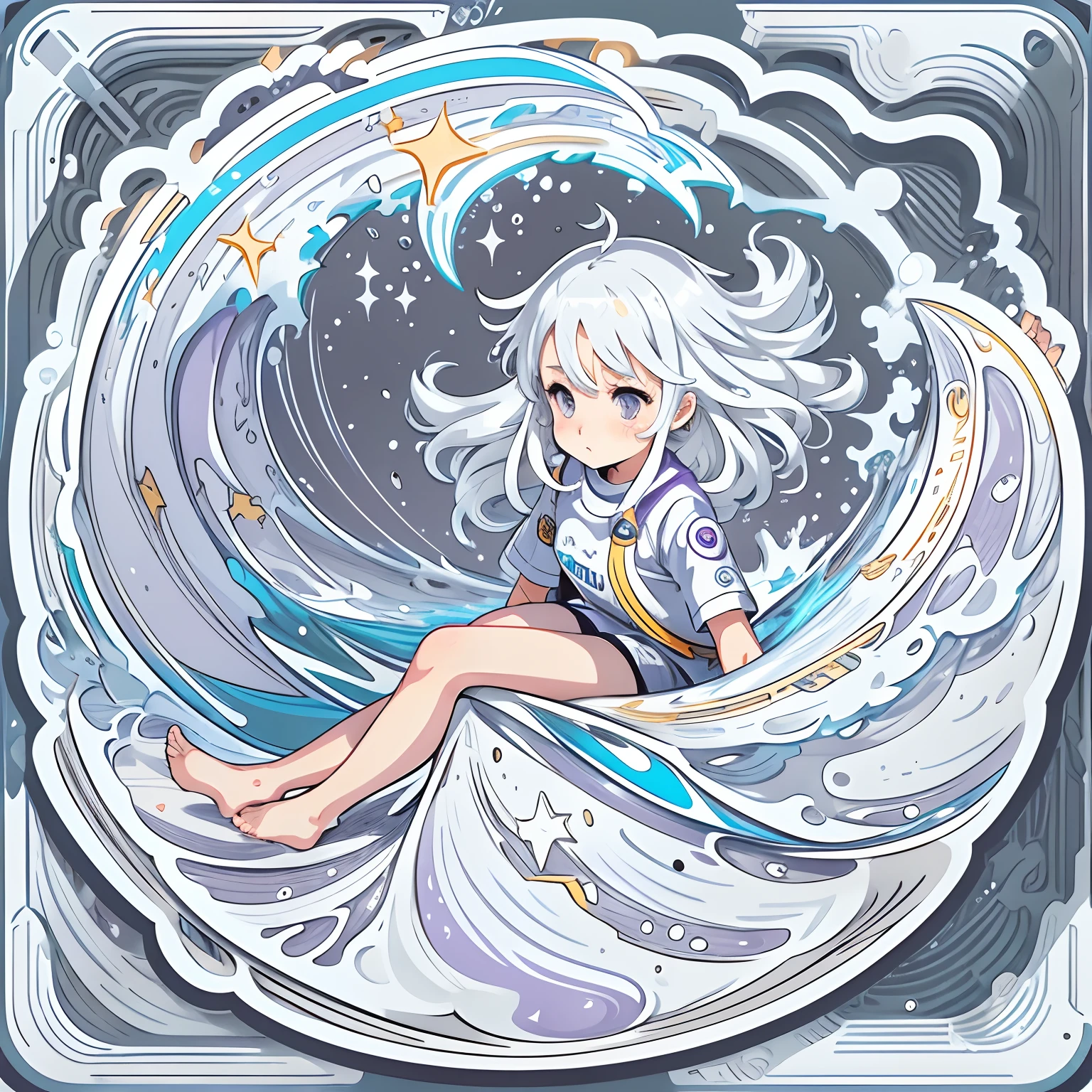 Sticker, Anime girl on surfboard riding the waves in the sea, long layered silvery white hair,Light purple eyes,Pout,cute clothing,in circle, White background, Gold border,Simple, Ultra detailed, Detailed drawing, vectorised, Silhouette, 8K, professional sticker design, Flat design, Vector lines, Sticker, Drawing, Drawing, Full-HD