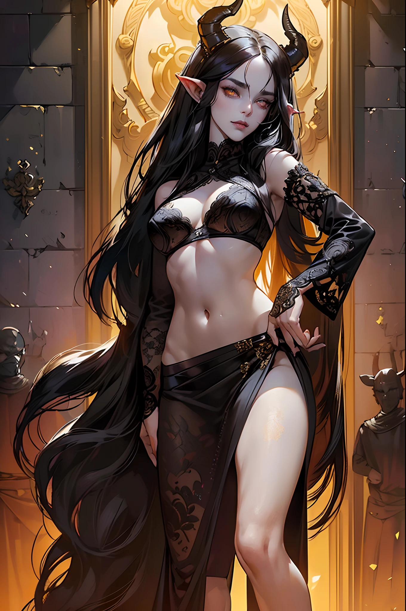 Woman tiefling with (gold eyes:1.2), (tall and mischievous:1.2), (grey skin:1.2), (big perfect breasts:1.2), (long black emo hair:1.2), (horns:1.2), (black intricate ornate lingerie:1.2), (exposed navel:1.3), (in a medieval castle:1.2), (doing a sexy pose:1.2), (dynamic lighting:1.2), (centered in frame), (highly detailed:1.3), 8k wallpaper, (detailed face and eyes:1.4).