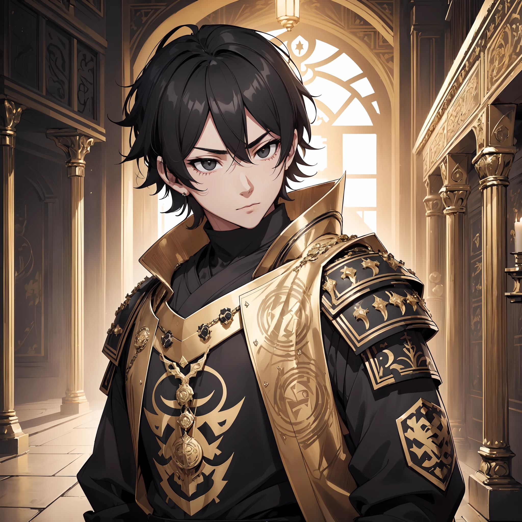 (Top quality details:1.22), 4K High Resolution, Super detailed, High-quality texture, Intricate details, Detailed Texture, In detail, High detail, High Quality Shadows, Beautiful face down to the last detail, Beautiful and kind eyes, Depth of written boundary, human, Adult, man, male, 1 boy , trimmed fur coat, knight armor, dungeonpunk, black hair, golden eyes, dark theme