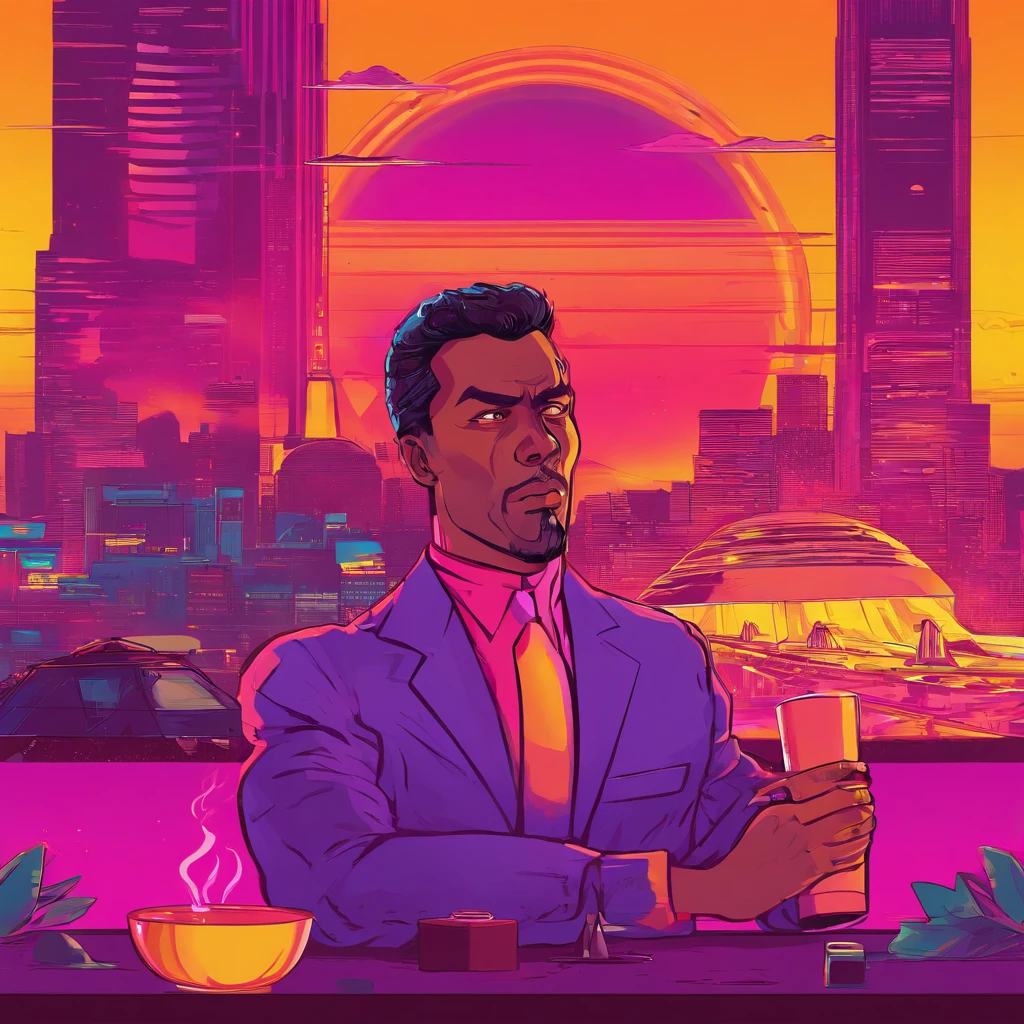 masterpiece, best quality, movie still, 1men, light brown skin, black eyes, muscular body, short black hair, purple polo, black full pant, holding a cup of coffee, floating in the sky, close-up, bright, happy, bright morning, beautiful sunrise, (sparks:0.7)