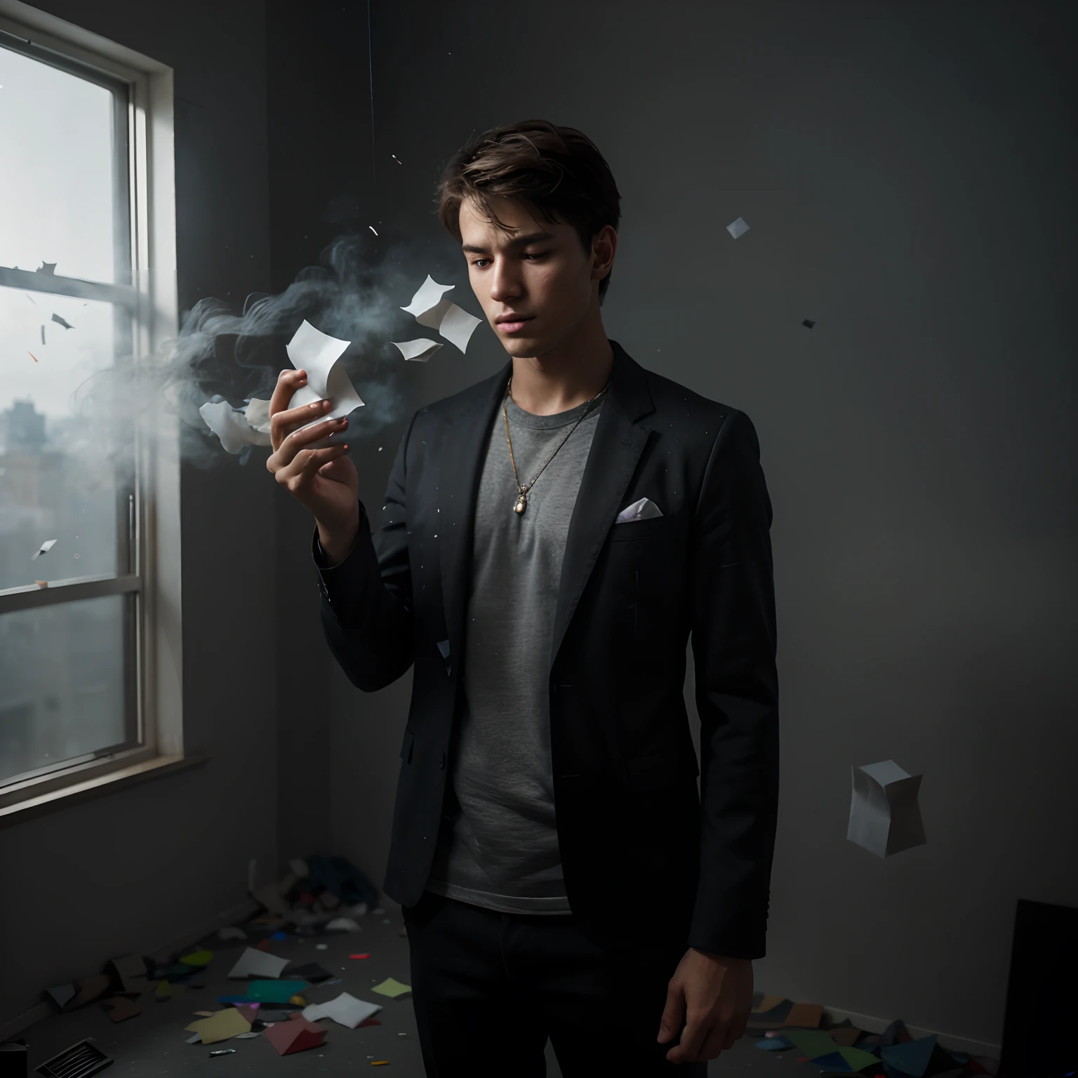 A young man is standing and a lot of small pieces of paper are falling and scattered around him, in a dark room, rarely colored smoke is flying, realistic photography, ultra hd clear, ultra realistic, ultra sharpness, ultra details, masterpiece, 8k.
