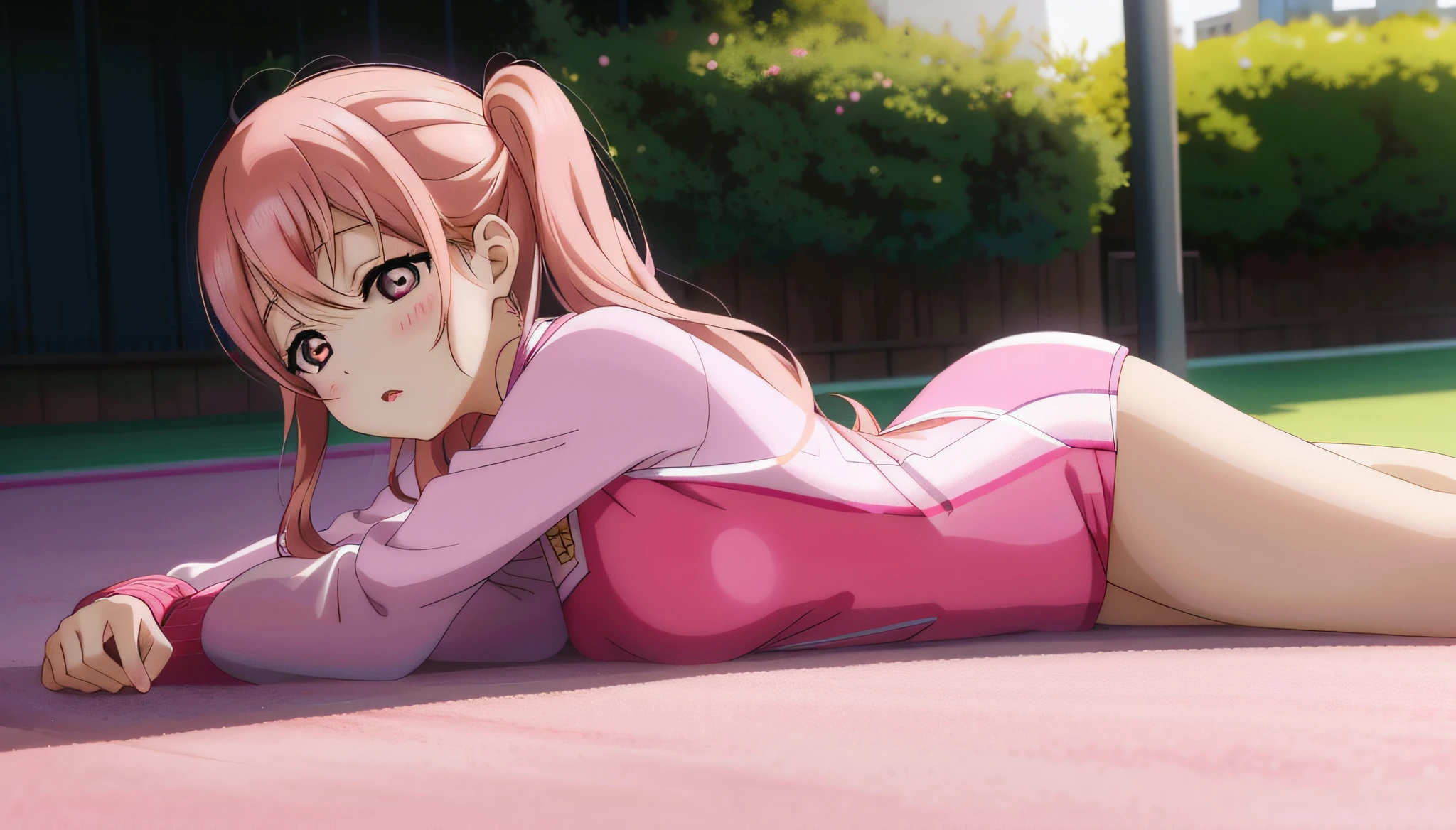 Anime – Style girl in pink leotard lying on tennis court, photorealistic anime girl render, Smooth Anime CG Art, Trending on CGSTATION, realistic anime, Realistic anime style, Pink body, pink twintail hair and cyan eyes, pink girl, Seductive Anime Girl, smooth pink skin, bubblegum body, photorealistic anime