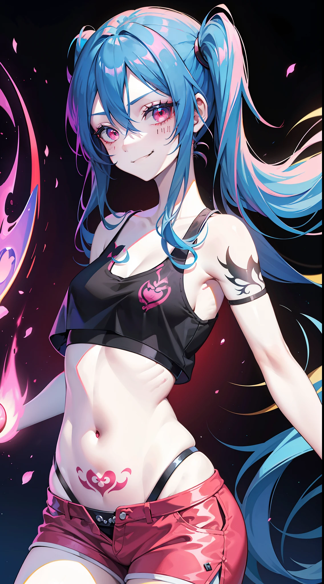 young girl, long blue hair, Two long pigtails, red eyes, smirk, tattoo, Black Top, open belly, flat chest, pink pants, Jinx(League of Legends), Masterpiece, hiquality, 4k, HD, Good detail