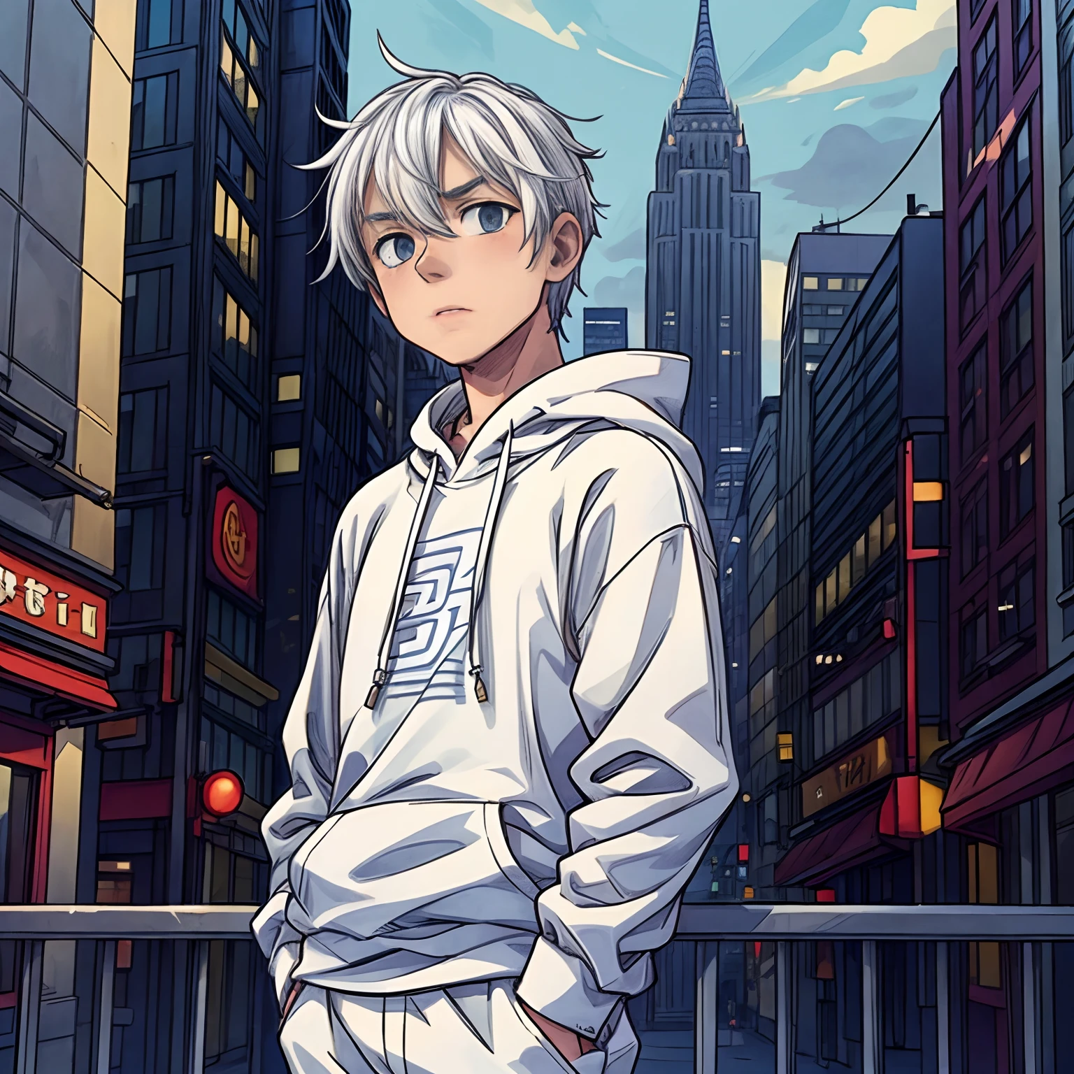 1male, white colored hair, in a sweatshirt, Stands in the city, serious expression, Looks away from the camera