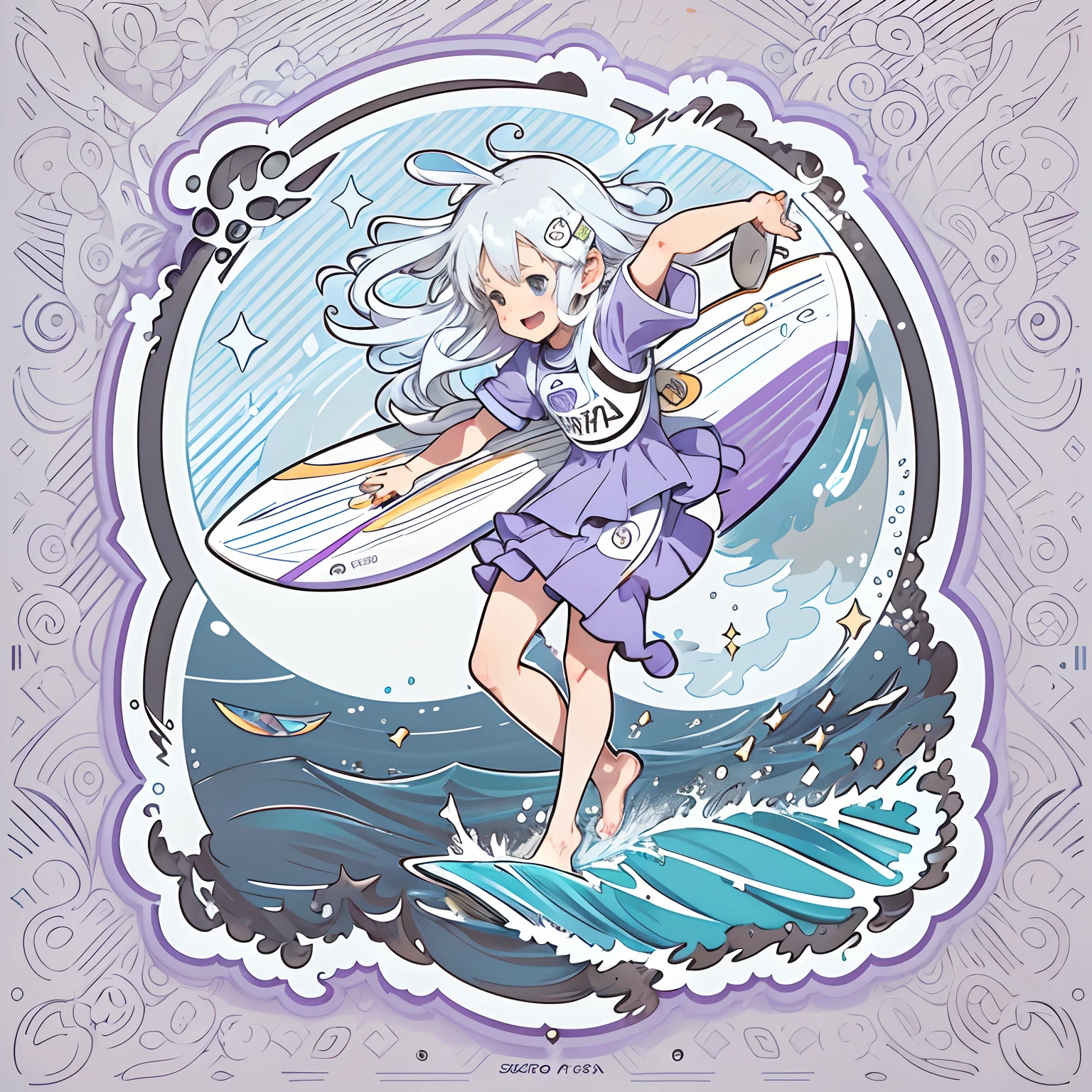 Sticker,Anime girl surfing in the sea on surfboard, long layered silvery white hair,Light purple eyes,joyful expressions,cute clothing,in circle, White background, Gold border,Simple, Ultra detailed, Detailed drawing, vectorised, Silhouette, 8K, professional sticker design, Flat design, Vector lines, Sticker, Drawing, Drawing, Full-HD