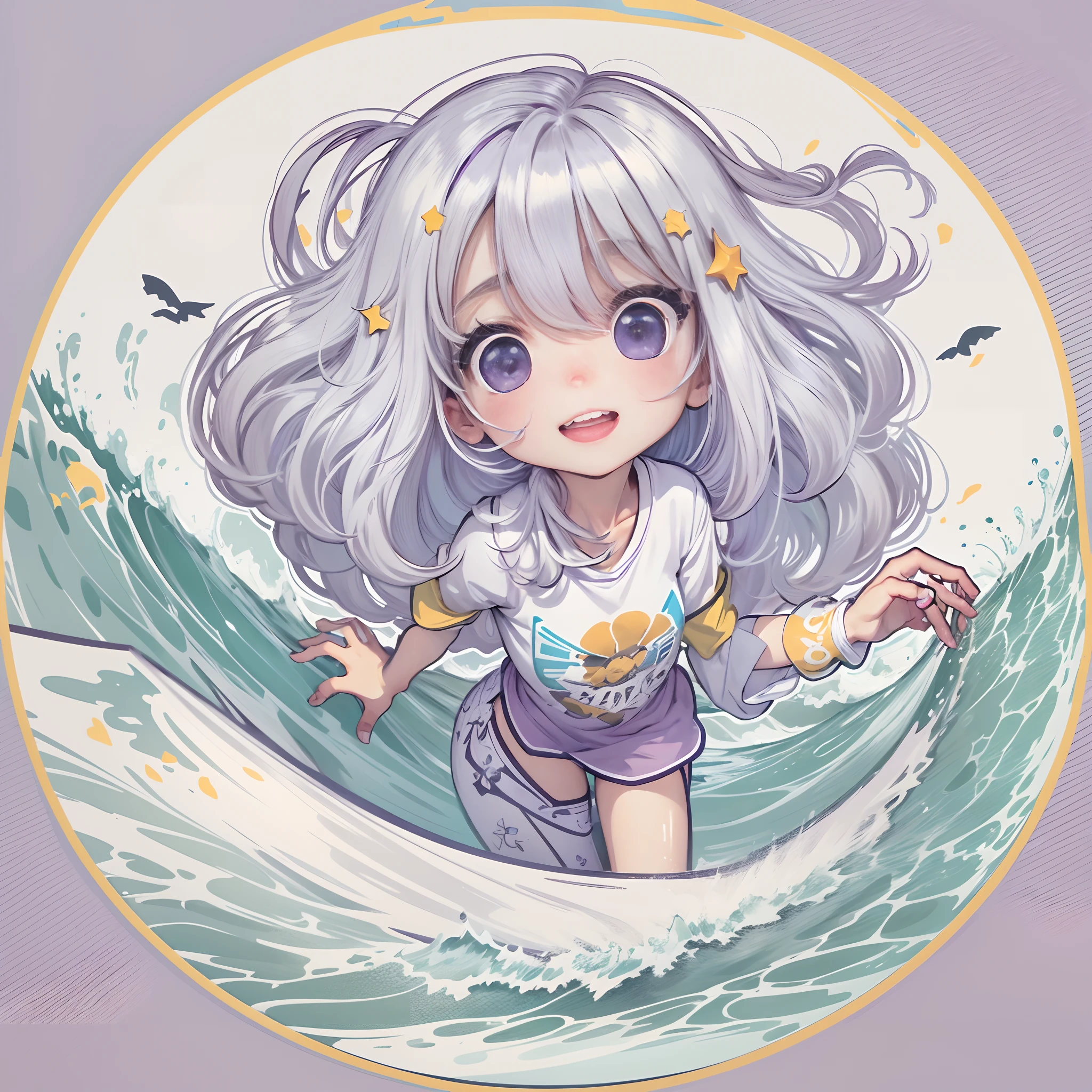 Sticker,Anime girl surfing in the sea on surfboard, long layered silvery white hair,Light purple eyes,joyful expressions,cute clothing,in circle, White background, Gold border,Simple, Ultra detailed, Detailed drawing, vectorised, Silhouette, 8K, professional sticker design, Flat design, Vector lines, Sticker, Drawing, Drawing, Full-HD