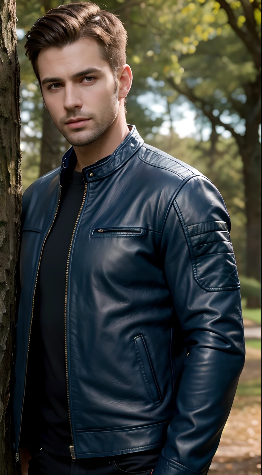 Handsome guy,Ultra-realistic detailed rendering,background blur, wearing a dark blue leather jacket, with his whole body visible, straight thin hair,standing beside the tree, and with a tree behind him, and with a little light?