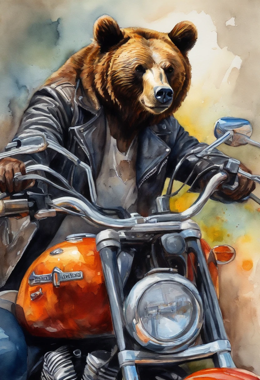bear, leather jacket, He's sitting on a Harley Davidson motorcycle, (Vivid colors: 1.5)