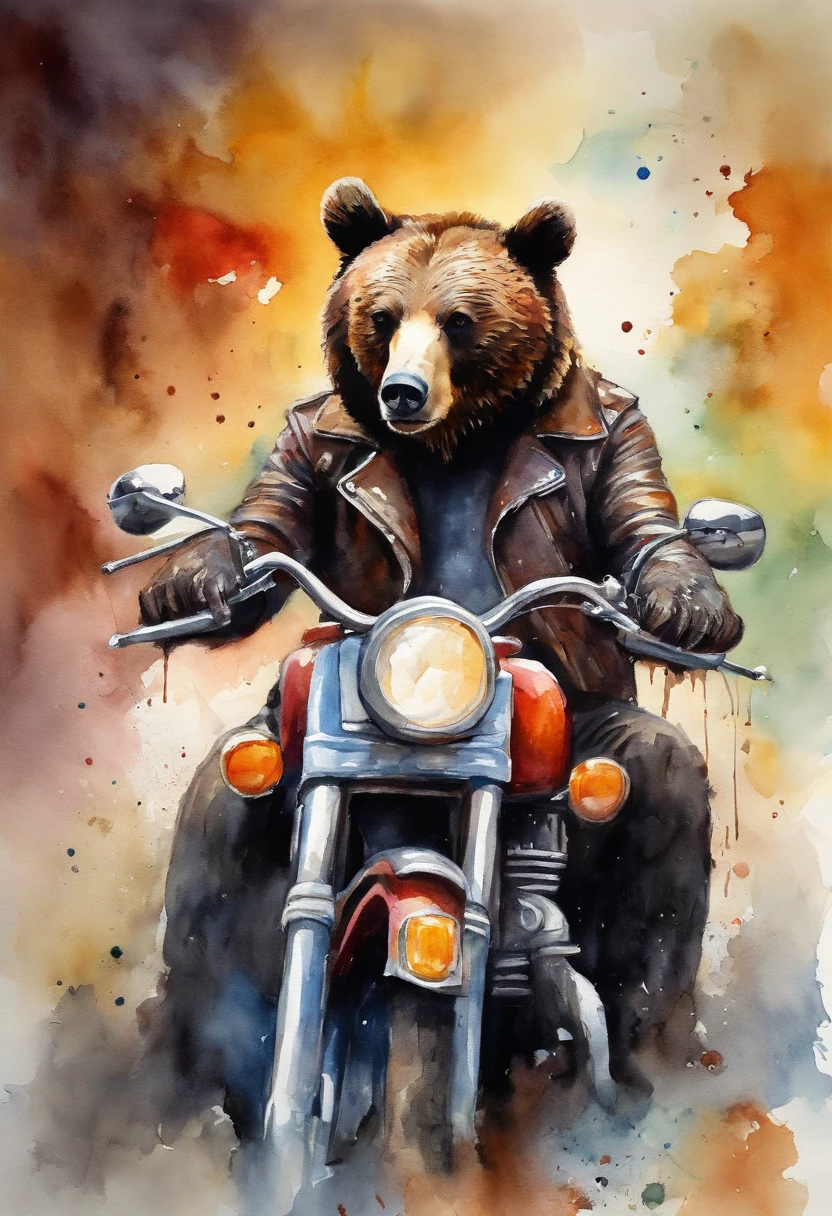 bear, leather jacket, He's sitting on a Harley Davidson motorcycle, (Vivid colors: 1.5)