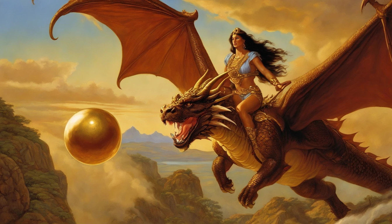 Illustration of a woman riding a dragon with a golden ball in her hand, Full-color painting, Akira in Chinese mythology, Epic full-color illustration, Clyde Caldwell(Clyde Caldwell)Inspired by, Aries fiery Ram Taro, Dragonlance Illustration, Gilgamesh, Tarot Card Chariot, Songs inspired by Larry Elmore, Color Illustration, Mythological works, Larry Elmore : 0. 5, victory