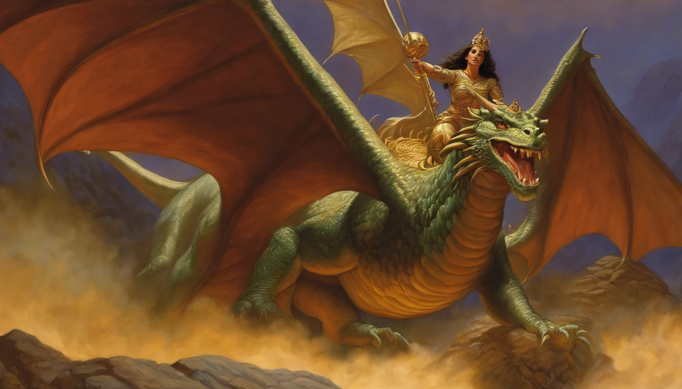 Illustration of a woman riding a dragon with a golden ball in her hand, Full-color painting, Akira in Chinese mythology, Epic full-color illustration, Clyde Caldwell(Clyde Caldwell)Inspired by, Aries fiery Ram Taro, Dragonlance Illustration, Gilgamesh, Tarot Card Chariot, Songs inspired by Larry Elmore, Color Illustration, Mythological works, Larry Elmore : 0. 5, victory