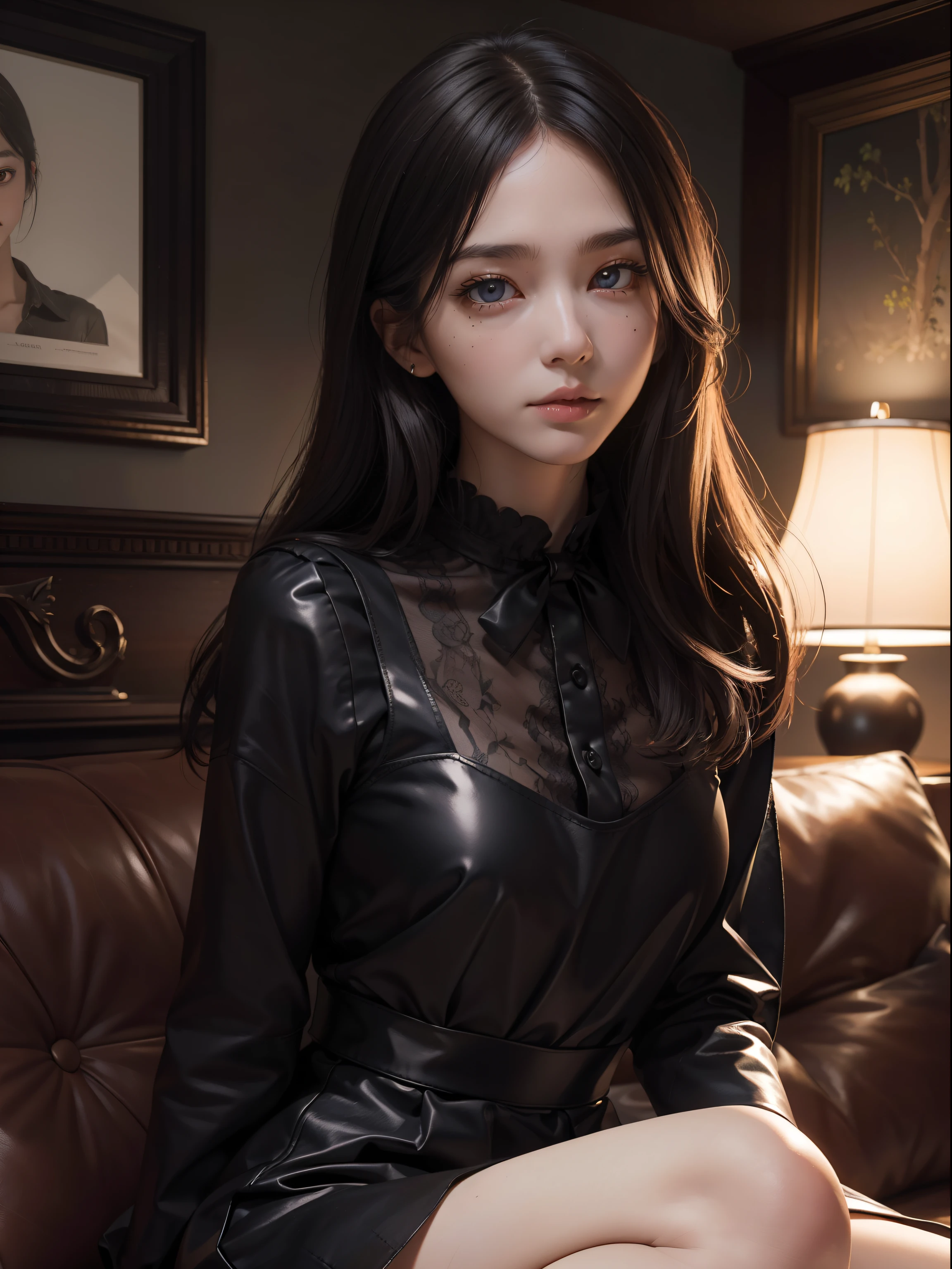 (Hyper-realistic), (Illustration), (High resolution), (8K), (Extremely detailed), (Best Illustration), Yol ( chain saw man ), (Beautiful detailed eyes), (Best Quality), (Ultra-detailed), (masutepiece), (Wallpaper), (Detailed face), Solo, Upper body, Focus on Face, 1 girl, Long Black Hair, Korean, Thin eyeshadow, A detailed eye, Brown eyes, Small moles under the eyes, very slender legs,Long sleeve shirt, Neckbow,  Small breasts,Black leather shoes,pinafore dress, Dynamic Pose, low illuminance, Night, Dark, Clouds, a dark night,sit on sofa,