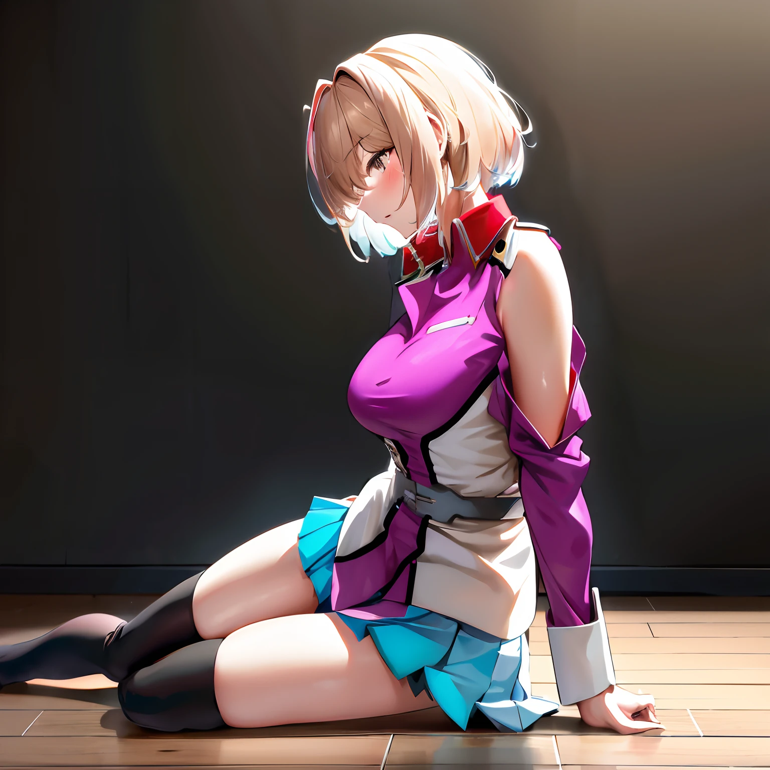 masterpiece, best quality, highres, 1girl, solo, skirt, military uniform, short hair, messy hair, thighhighs, blush, sexy pose, medium breasts, seductive pose, sitting on the floor, full shot, side view