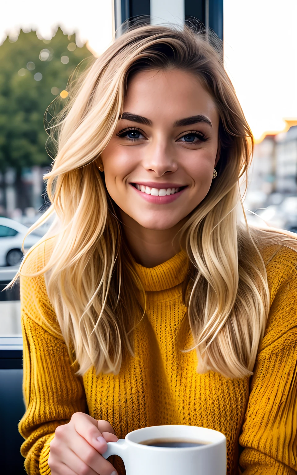 Cute beautiful blonde woman with blond long hair wearing yellow sweater (Drinking coffee in a modern café at sunset), sehr detailliert, 21 Jahre alt, unschuldiges Gesicht, naturally wavy blonde hair, blaue Augen, high-res, Meisterwerk, best qulaity, komplizierte Details, sehr detailliert, scharf Fokus, detaillierte Haut, realistische Hauttextur, Textur, detaillierte Augen, professionell, 4k, charming smile, aufgenommen mit Canon, 85 mm, light depth of field, Kodak Vision-Farbe, perfectly fitting body, extrem detailliert, Foto_\(ultra\), fotorealistisch, realistisch, Nachbearbeitung, maximale Details, Rauheit, echtes Leben, ultrarealistisch, Fotorealismus, Fotografie, 8k uhd, Fotografie