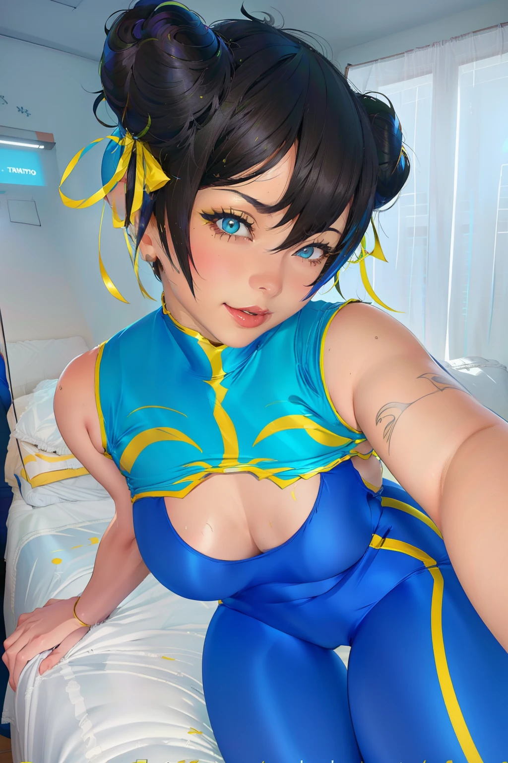 there is a woman in a blue and yellow outfit posing on a bed, chun li at the gym, chun-li, chun - li, portrait of chun - li, chun li, portrait of chun li, cute girl wearing tank suit, juri han from street fighter, ilya kuvshinov and artgerm, japanese goddess, anime girl cosplay