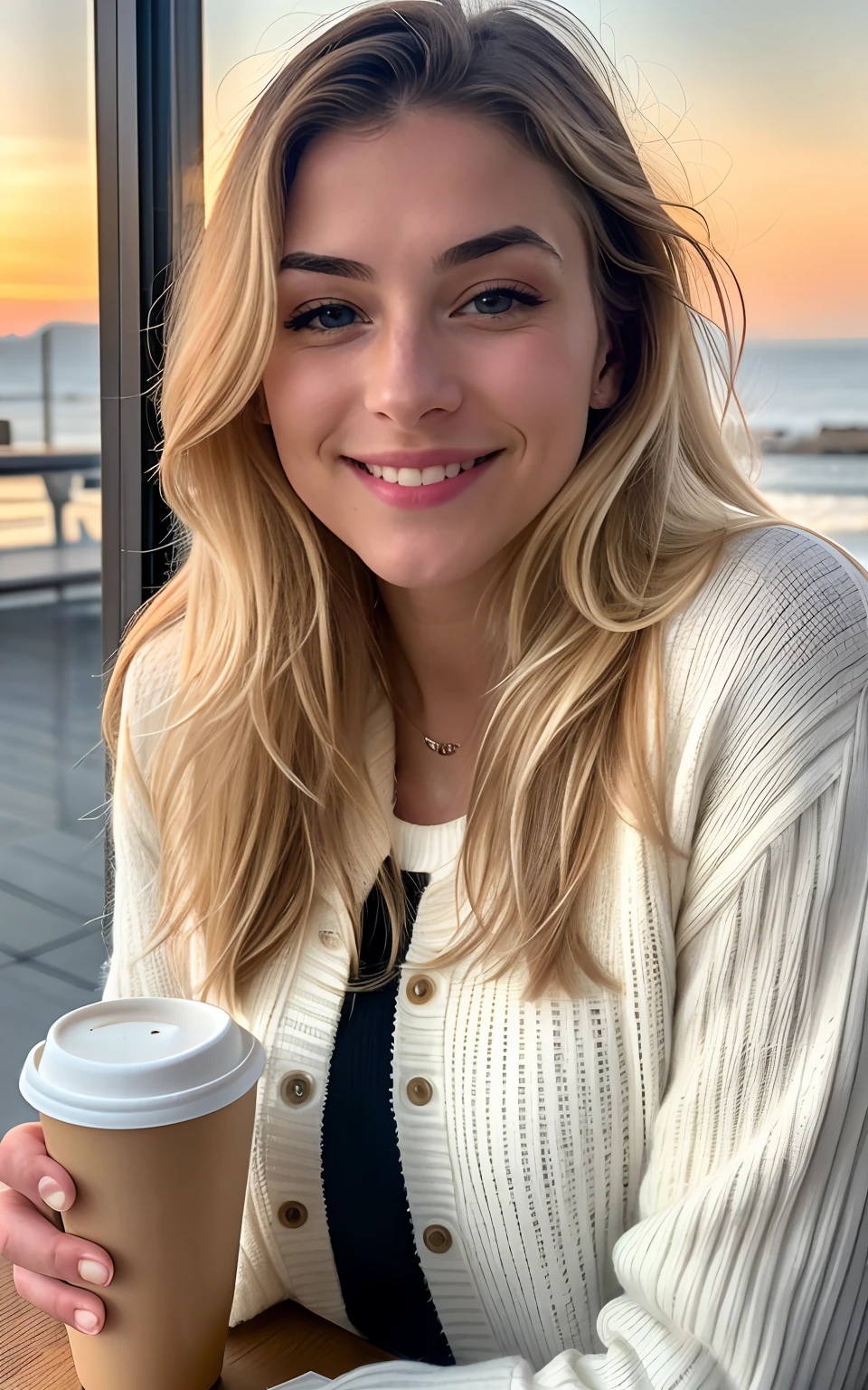 Cute beautiful blonde woman with blond long hair wearing yellow sweater (Drinking coffee in a modern café at sunset), sehr detailliert, 21 Jahre alt, unschuldiges Gesicht, naturally wavy blonde hair, blaue Augen, high-res, Meisterwerk, best qulaity, komplizierte Details, sehr detailliert, scharf Fokus, detaillierte Haut, realistische Hauttextur, Textur, detaillierte Augen, professionell, 4k, charming smile, aufgenommen mit Canon, 85 mm, light depth of field, Kodak Vision-Farbe, perfectly fitting body, extrem detailliert, Foto_\(ultra\), fotorealistisch, realistisch, Nachbearbeitung, maximale Details, Rauheit, echtes Leben, ultrarealistisch, Fotorealismus, Fotografie, 8k uhd, Fotografie