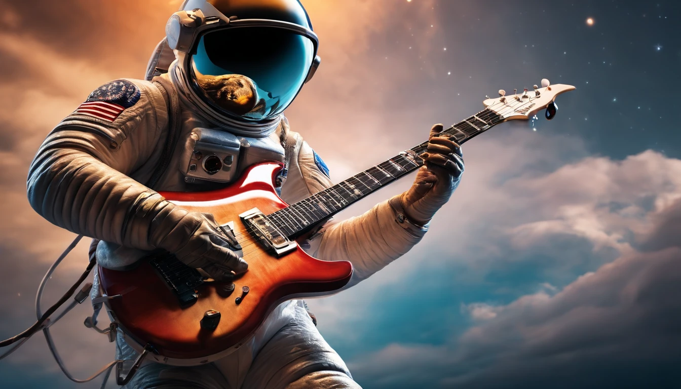 (Detailed description) Astronaut in sunglasses playing model Paul electric guitar