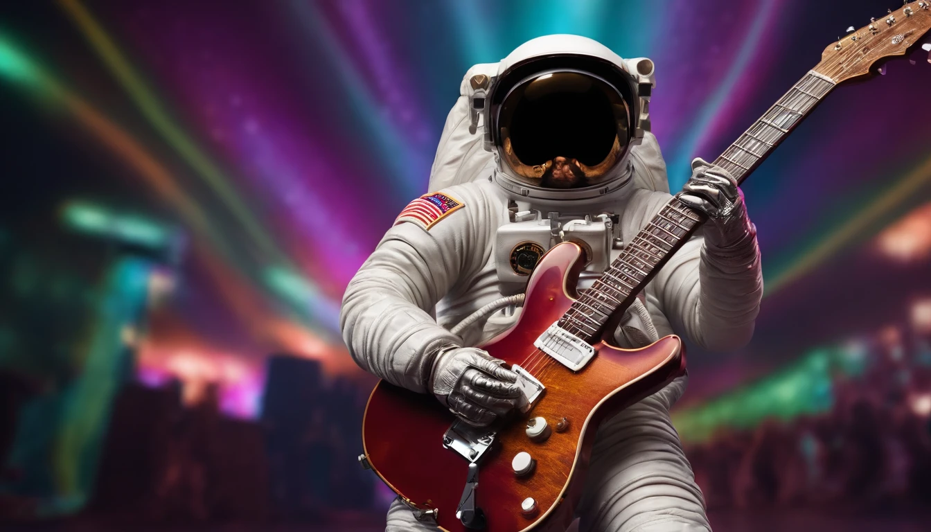(Detailed description) Astronaut in sunglasses playing model Paul electric guitar