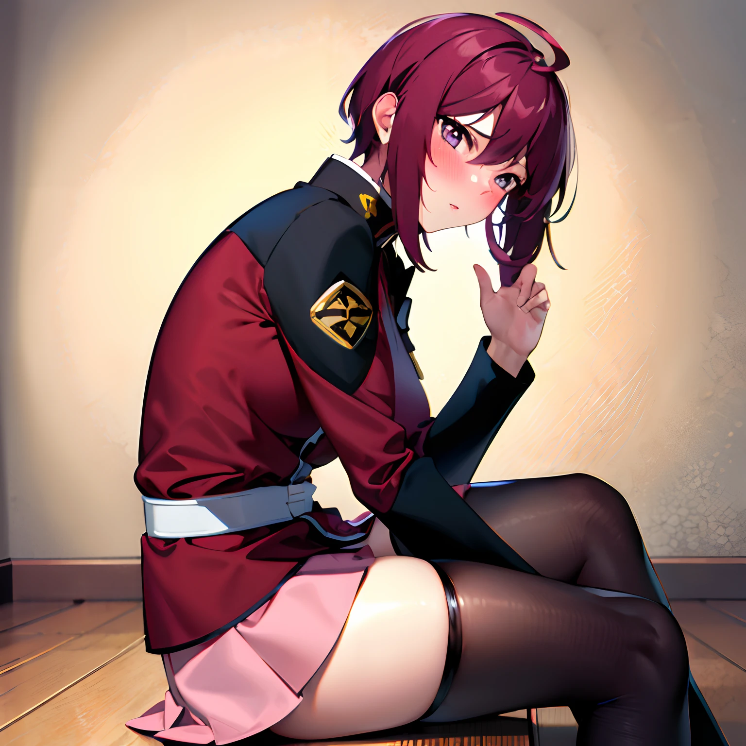 masterpiece, best quality, highres, 1girl, solo, pink skirt, military uniform, short hair, ahoge, black thighhighs, red hair, purple eyes, purple hair, long sleeves, blush, sexy pose, sitting on the floor, seductive pose, museum, full shot, side view
