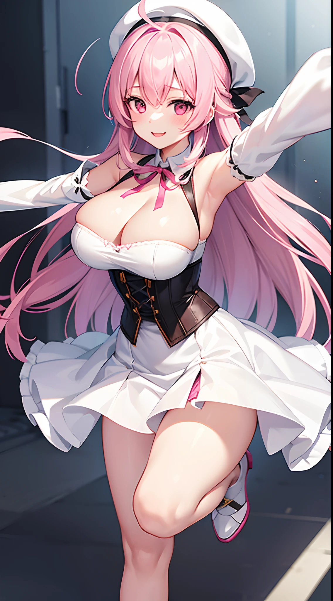 1 girl, game CG, white dress, cleavage visible, shoulders visible, corset, white short skirt, white jacket, neck ribbon, white beret, gigantic breasts, pink hair, long hair, straight hair, ahoge, pink eyes, outstretched arms, smile,