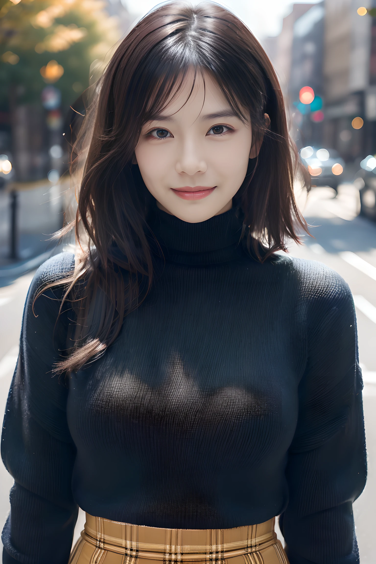 , long windblown [blue-black:.3] hair,looking at viewer, (masterpiece:1.3), (8k, photorealistic, RAW photo, best quality: 1.4), japanese, (1girl), beautiful face, (realistic face), (black hair, short hair:1.3), beautiful hairstyle, realistic eyes, beautiful detailed eyes, (realistic skin), beautiful skin, attractive, ultra high res, ultra realistic, highly detailed, golden ratio, blue fluffy loose turtleneck sweater, plaid skirt,