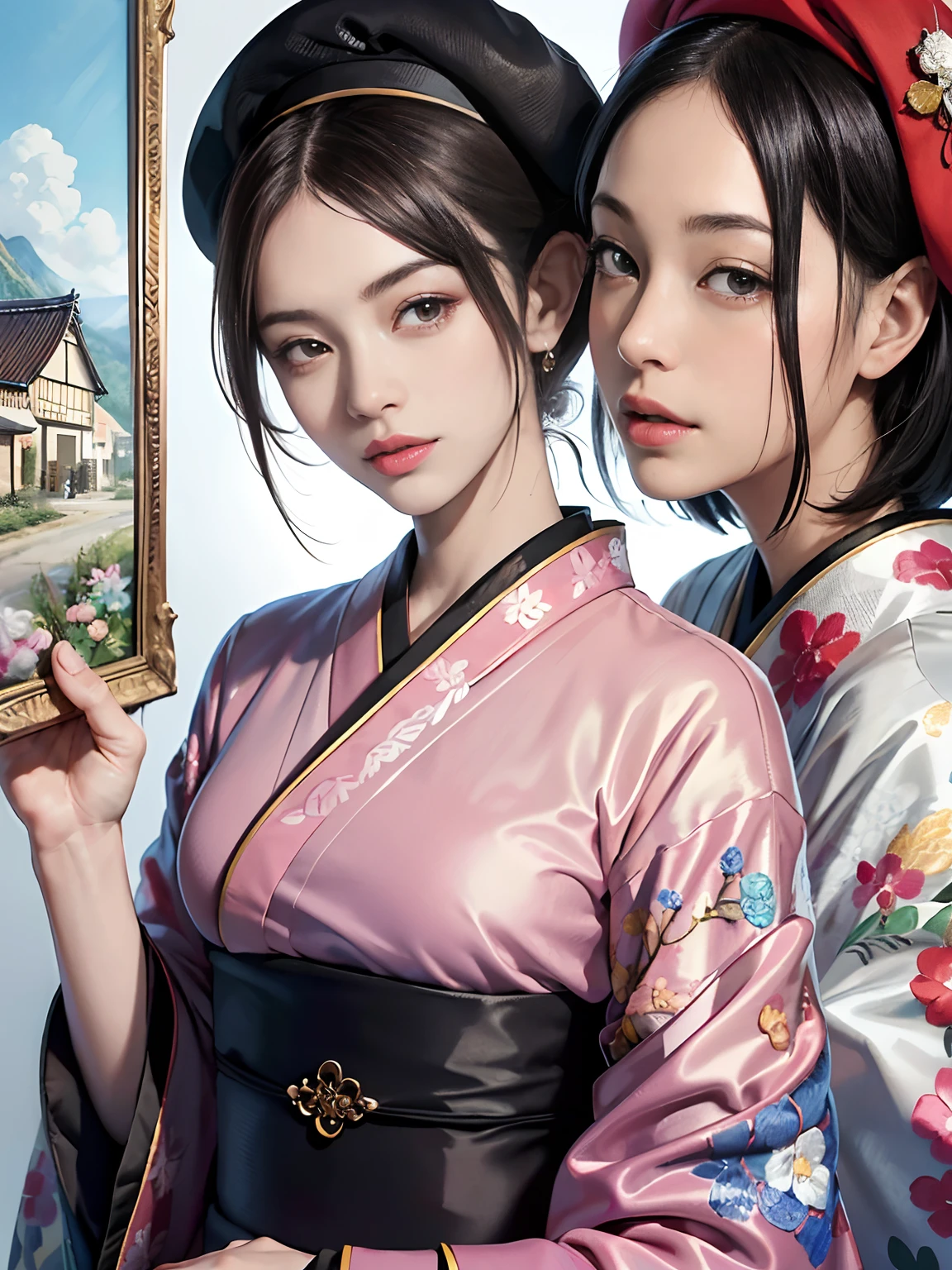 Background of details(In the picture frame(The Idyllic village depicted)),break ,elaborate costume(Luxury kimono(Colorful kimono(detailed embroidery))),BREAK,1 Beautiful and Classy Adult Woman(Japanese actressl:1.2)(glasses)(glossy dark hair(beret),(short hair)),Have a paintbrush, Break,Wallpapers 16K,Blur the background,(masutepiece:1.5), (Best Quality:1.5),(Portrait photos:1.5),(full bodyesbian:1.5)