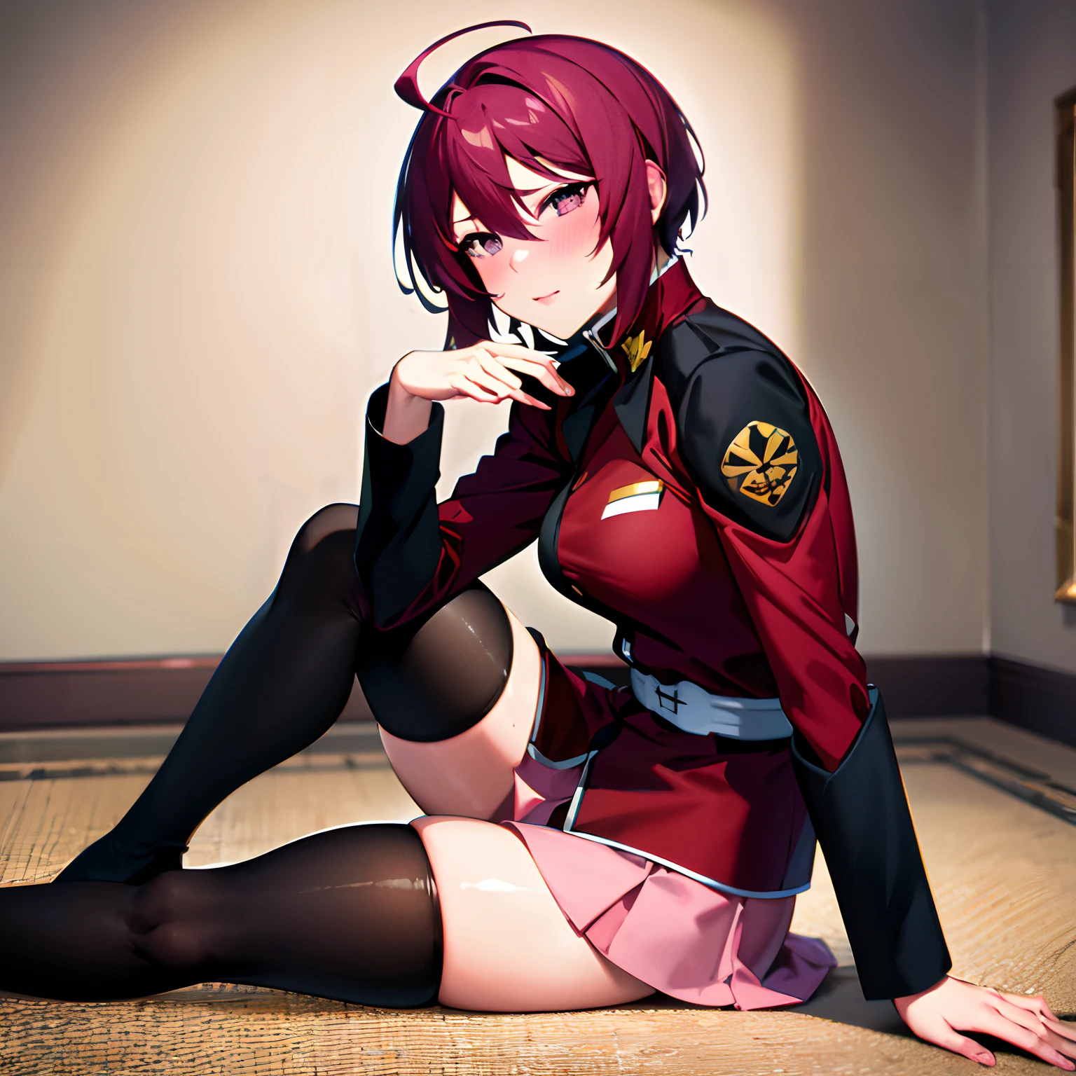 masterpiece, best quality, highres, 1girl, solo, pink skirt, military uniform, short hair, ahoge, black thighhighs, red hair, purple eyes, purple hair, long sleeves, blush, sexy pose, sitting on the floor, seductive pose, museum, full shot, side view