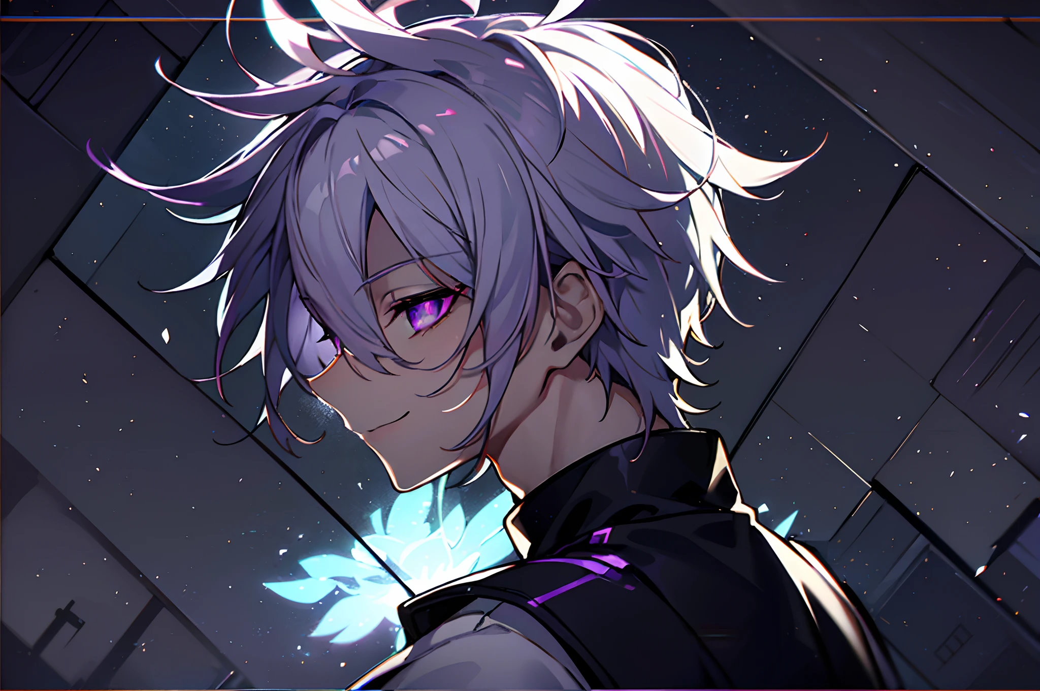 One Boy、hight resolution,close range、Anime boy with white hair and purple eyes, (((white hair)))、shining purple eyes,slim, dressed in a black outfit,Shadow Body,de pele branca,monochromes,hair messy,Aggressive smile、profile、from a_Side、Look away