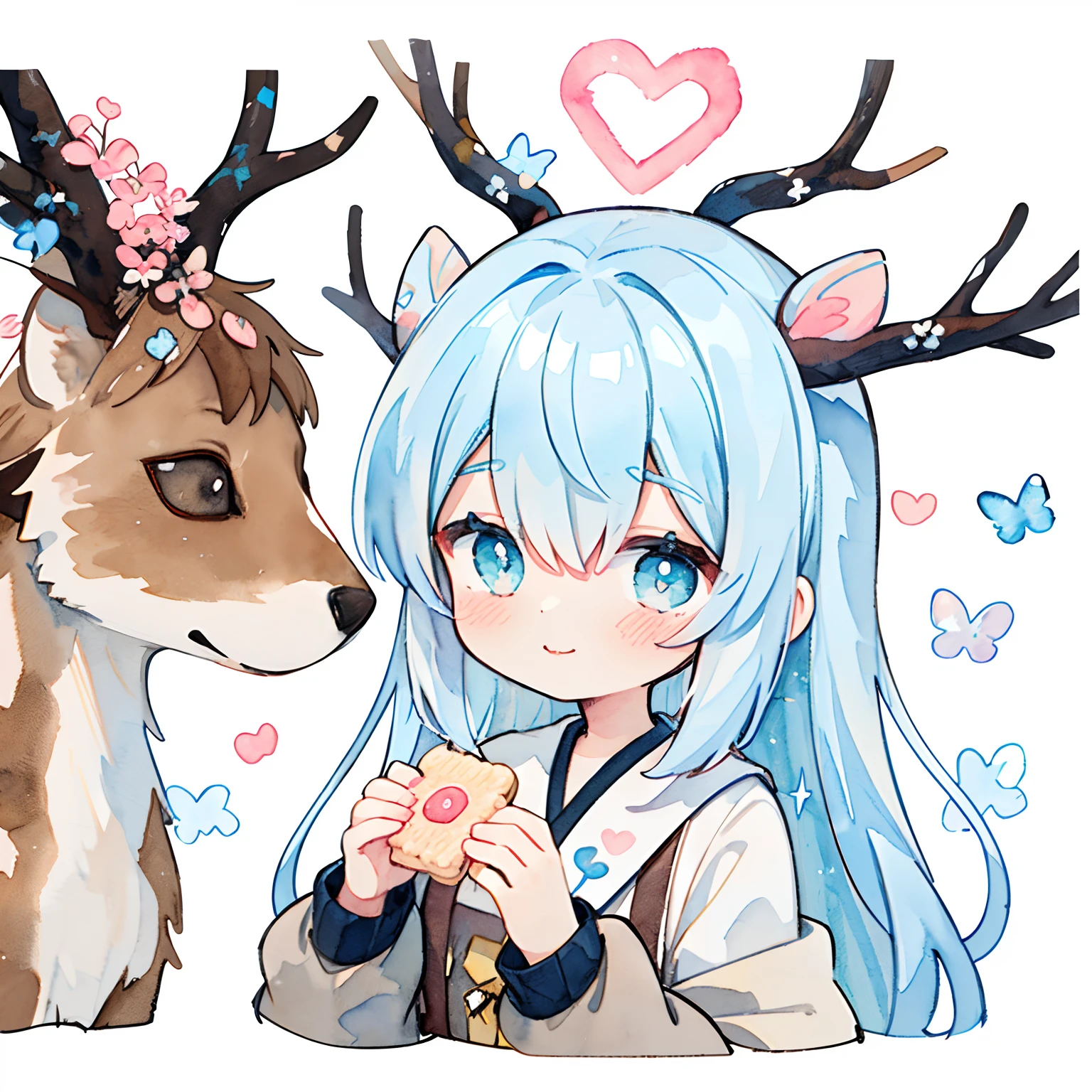 (PastelColors:1.5)、(Cute illustration:1.5)、(watercolor paiting:1.2)、(1girl in:1.0)、hair between eye、White background、girl with、full body Esbian、deers, Deer Girl, Deer antlers、Black knitted long sleeve clothing, Good Style、Brown shorts、suspenders、Loved by animals、Glitter in the heart、White and light blue motifs, Light blue,lightblue hair、 Cute, Floral ornament on the head、ivy、butterflys、length hair, Smile, Upper body, Fantasy, Detailed picture、A slight smil、Very cute、adolable、Toyowa Toyowa、Holding rice crackers、Holding the crackers with both hands