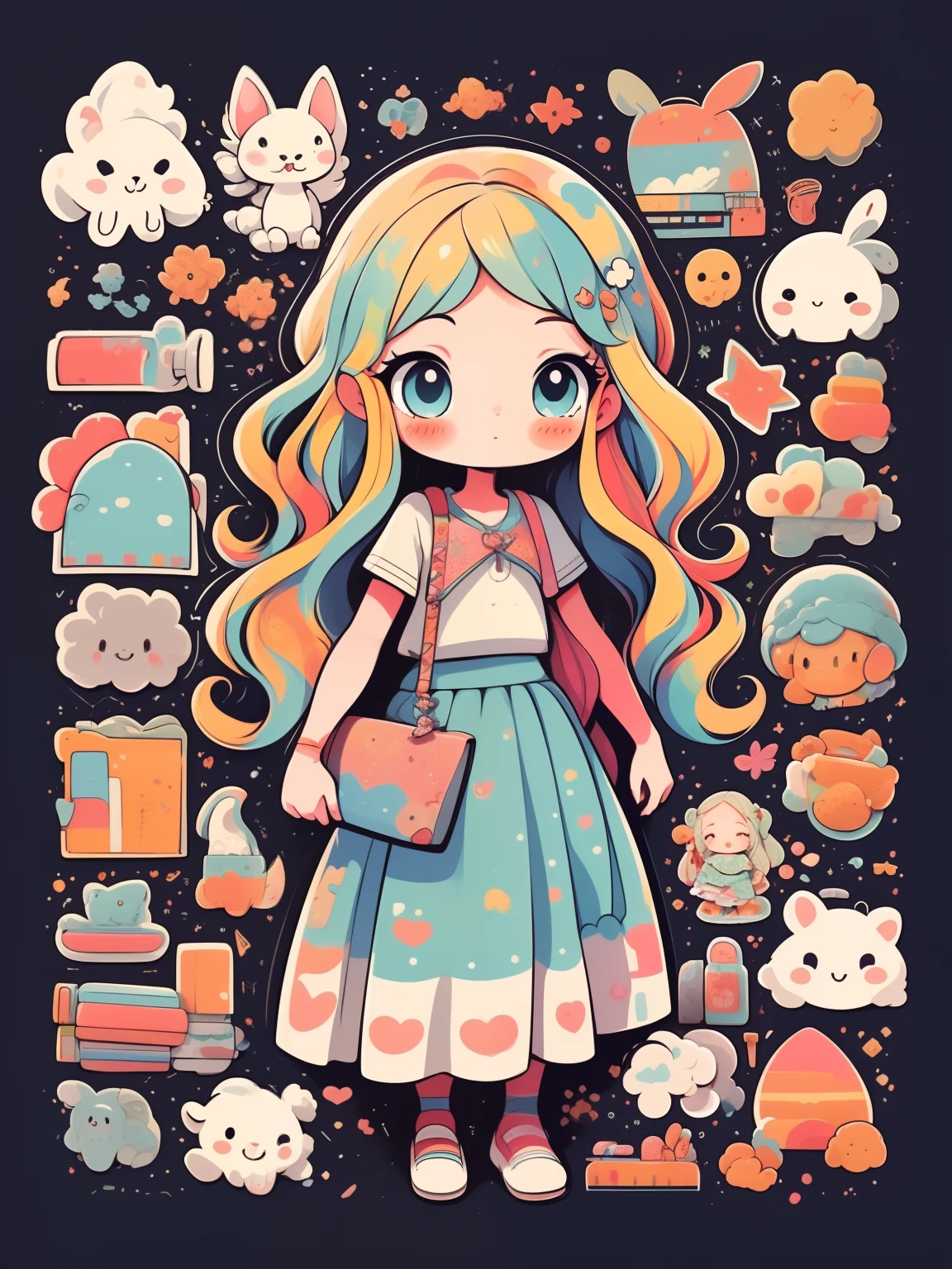 high high quality、Colorful color palette、high-level image quality、( in long skirt:1.37)、Skirt woven in red yarn，Unprecedented amount of drawing、3D style、（Cosmetics and decorations），Geometric pattern background，frontage、Sticker style