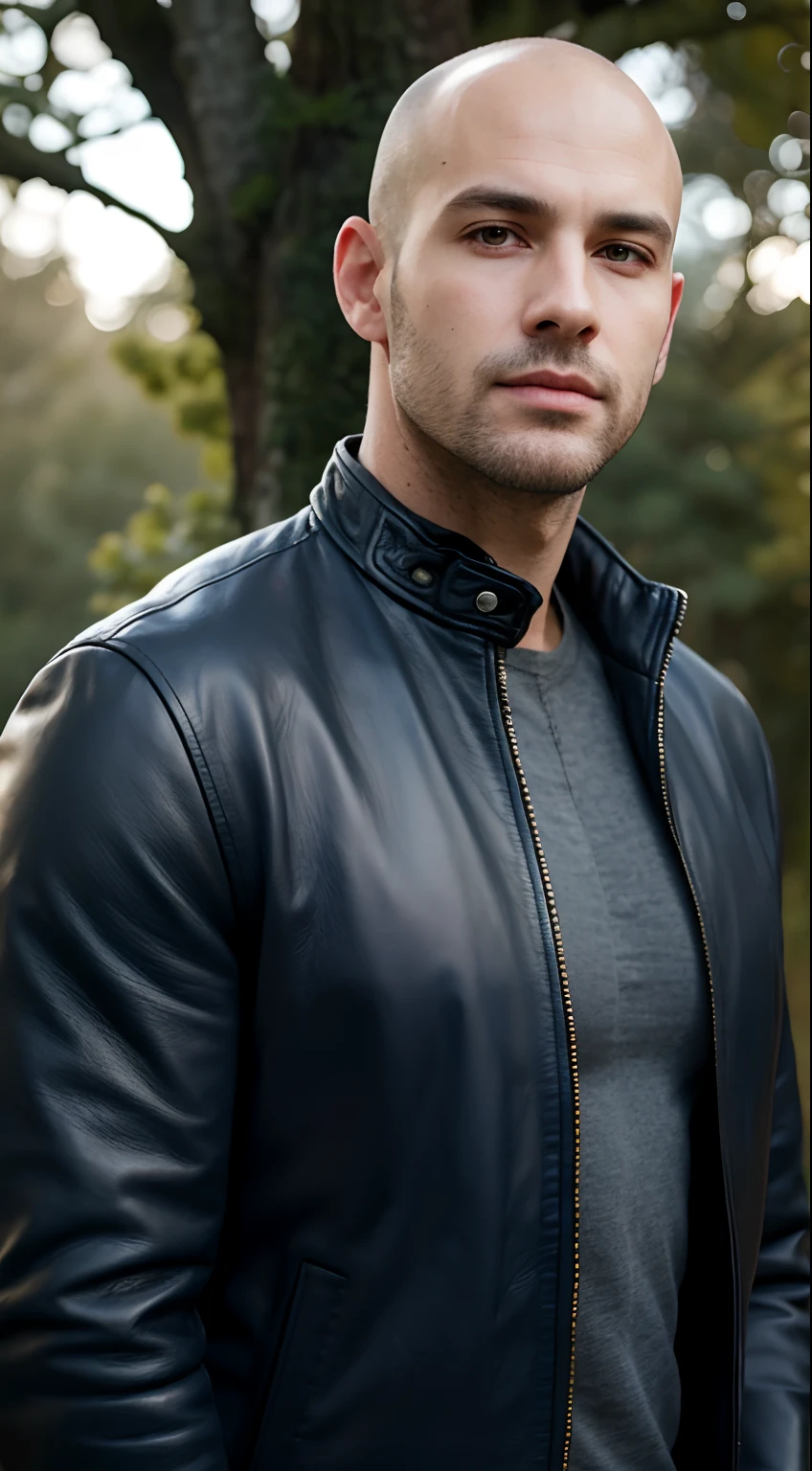 Handsome guy,Ultra-realistic detailed rendering,background blur, wearing a dark blue leather jacket, with his whole body visible,semi bald hair,standing beside the tree, and with a tree behind him, and with a little light?