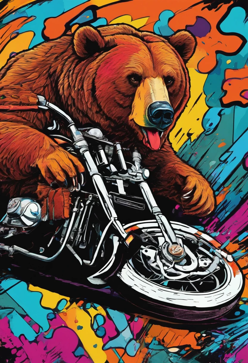 bear, leather jacket, He's sitting on a black Harley Davidson motorcycle, (Vivid colors: 1.5)