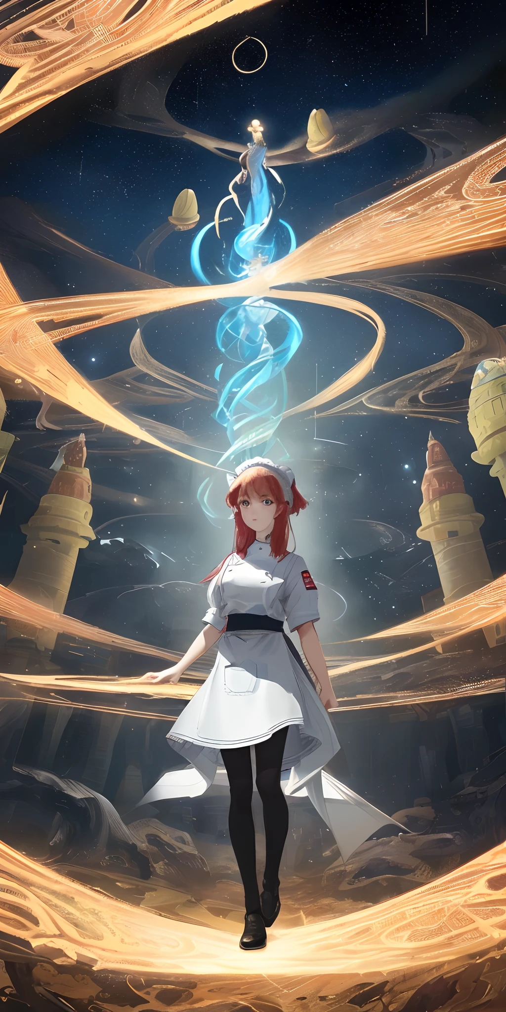 A tall and handsome young female chef,Stand on the edge of the dream space, eyes glowing, Surreal scenes filled with symbols and patterns of various skills, ,in the style of the stars art group xing xing, 32K, Best quality, Masterpiece, Super detail, High details,