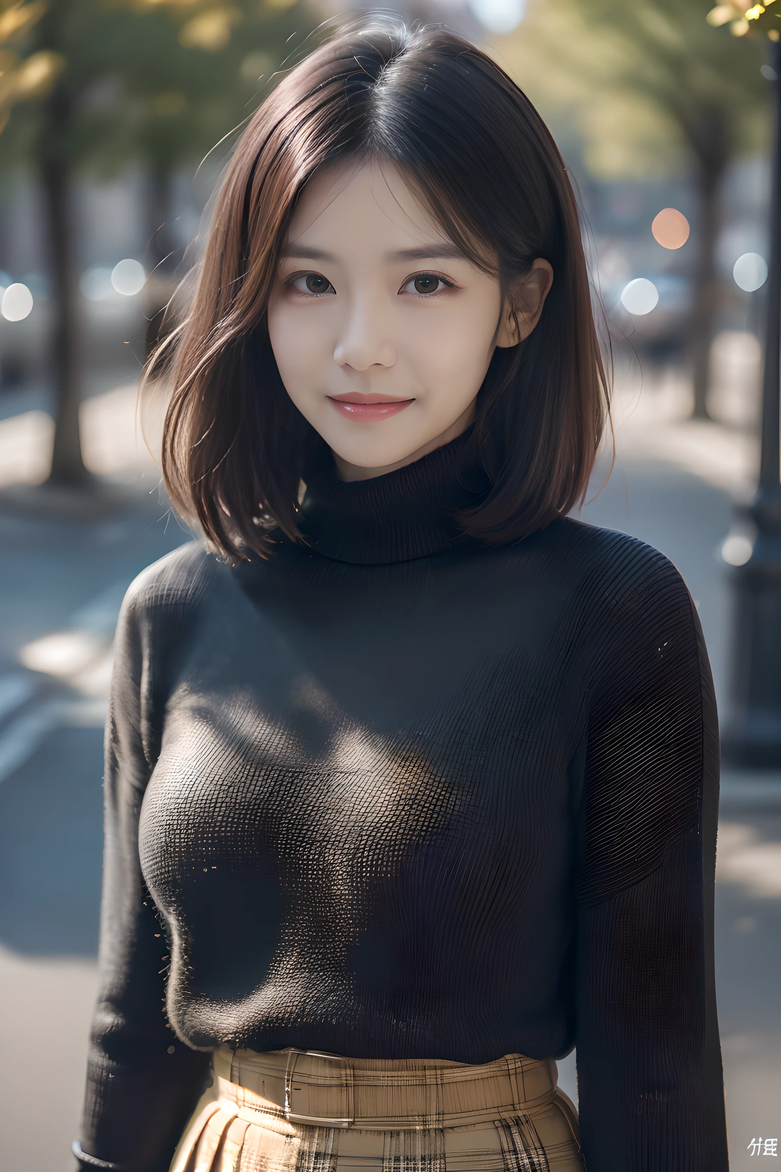 , long windblown [blue-black:.3] hair,looking at viewer, (masterpiece:1.3), (8k, photorealistic, RAW photo, best quality: 1.4), japanese, (1girl), beautiful face, (realistic face), (black hair, short hair:1.3), beautiful hairstyle, realistic eyes, beautiful detailed eyes, (realistic skin), beautiful skin, attractive, ultra high res, ultra realistic, highly detailed, golden ratio, blue fluffy loose turtleneck sweater, plaid skirt,