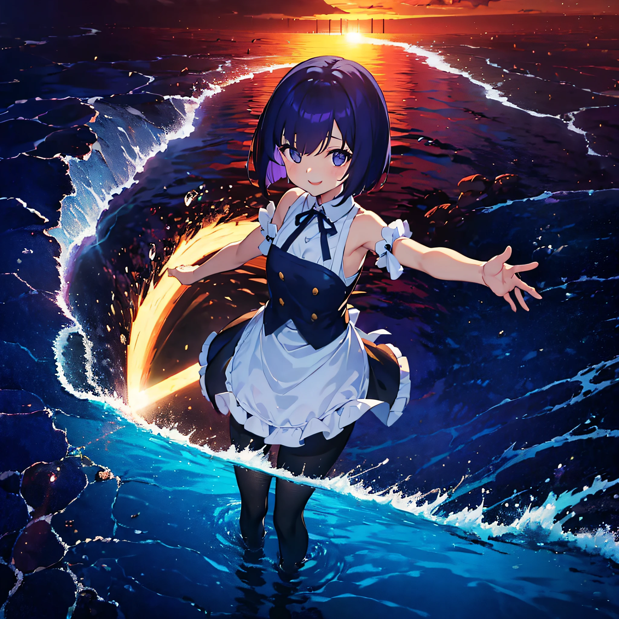 (masutepiece:1.3), (Best Quality:1.3), High resolution, Couboy Shot, I'm on the street with my arms outstretched and a big smile on my face.、Retro cityscape、Spread your arms、Hair color is purple、Blue Mesh、Squat position、Vivid sea、Iridescent Sea、huge smile、Spectacular background、The sun's rays illuminate her so beautifully, (One Cute Girl:1.3), 、Short hair, Hair over one eye, Large breasts, frilld, Neck ribbon, Swim in the sea、Spectacular sunlight seen from the deep sea、Dress, Detached sleeves, White Apron, Waist apron, White pantyhose