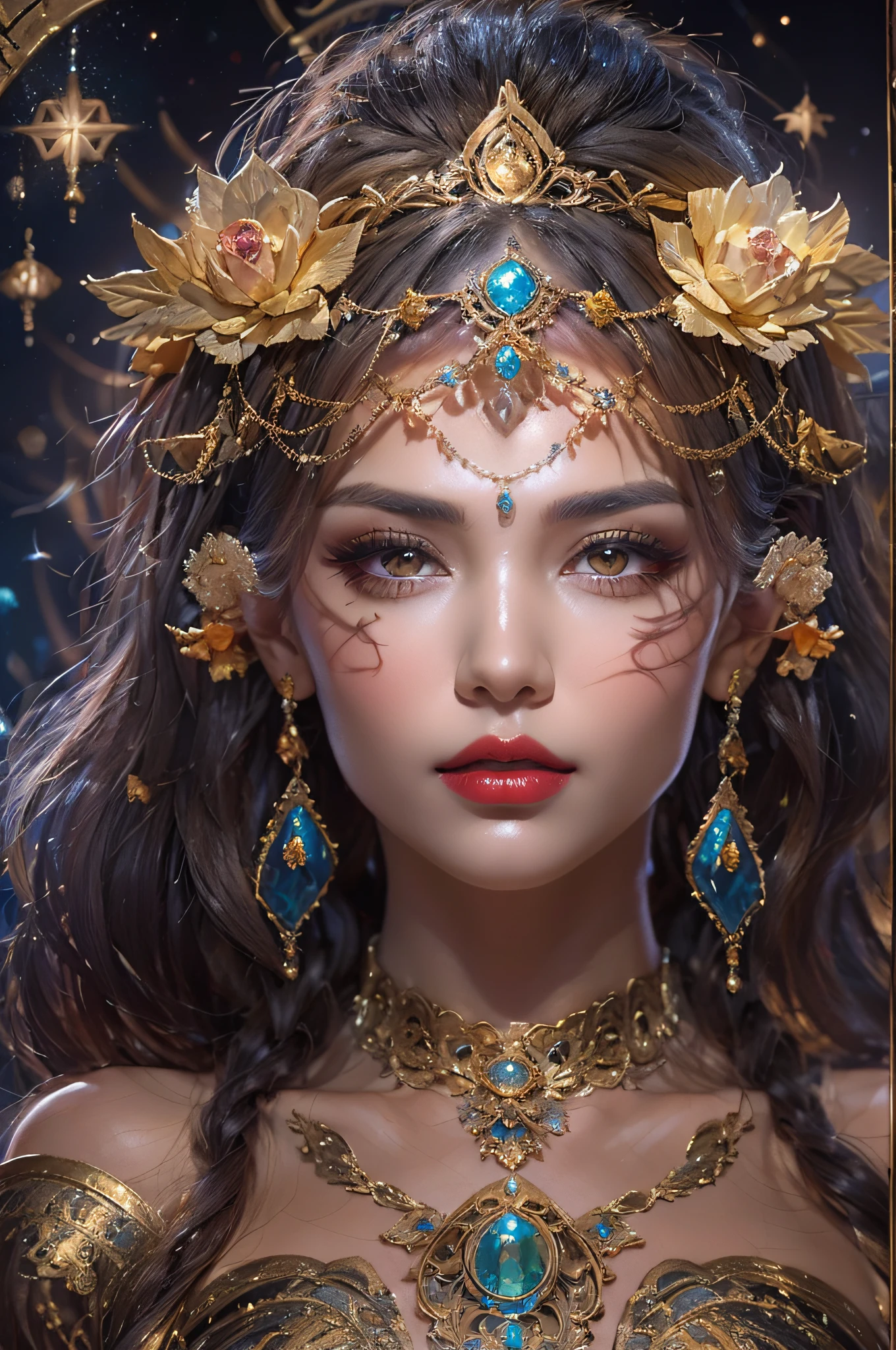 1 zodiac goddess from the future, wearing a thin silk dress, the goddess of the palace is beautiful, the goddess of the zodiac is wearing a colorful thin silk dress with sexy white and black lace trim, the goddess gives off a bow aura vibrant purple-pink zodiac, the stars have the shapes of the 12 zodiac, the goddess of the zodiac in a thin silk dress the golden zodiac with many black details, the mythical goddess of the 12 zodiac , zodiac ♏, royal zodiac style, dark and mysterious version, Full breasts, big and round breasts, well-proportioned and beautiful red lips, character by karol bak and pino daeni, intricate details, detailed background, many background objects, extremely detailed, magic light, a woman, long hair dyed in seven colors and neatly tied up, mold the face is clearly drawn without scars, the face is beautiful and the eyes are proportionate, the red lips are pretty and attractive, the eyes are big and round and the makeup is very beautiful and detailed, far focus, thin silk dress ,page hair jewelry, neck jewelry, dress jewelry, arm and thigh jewelry, goddess leg jewelry, mystical jewelry, zodiac goddess portrait, (upper body of zodiac goddess: 1.8), wings loose arms, sexy and seductive zodiac goddess, (space: 1.8), (galaxy: 1.7), aurora, lightning, (aurora background: 1.8 ), beautiful eyes, beautiful eyes photo , the goddess of beauty and flowers,
