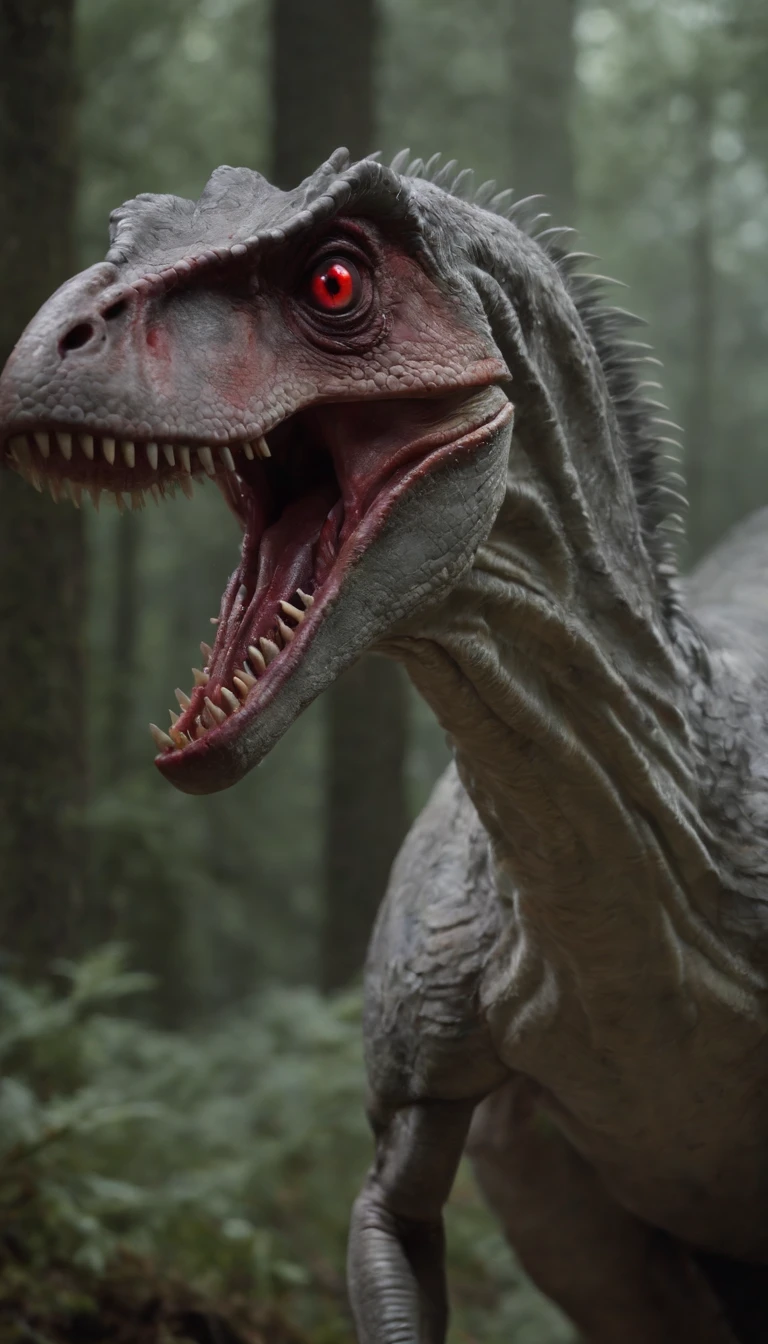 A velociraptor with horns and rectangular goat eyes eating, bloody snout, sharp red eyes, flesh eating, foggy night environment, scary forest, dark environment, dramatic lighting, horrible, Resident Evil style, silent hill