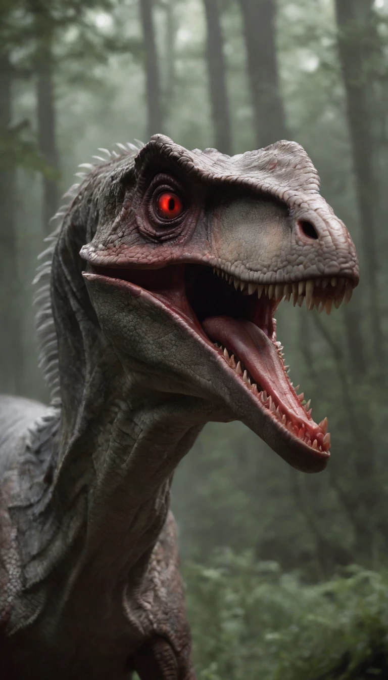 A velociraptor with horns and rectangular goat eyes eating, bloody snout, sharp red eyes, flesh eating, foggy night environment, scary forest, dark environment, dramatic lighting, horrible, Resident Evil style, silent hill